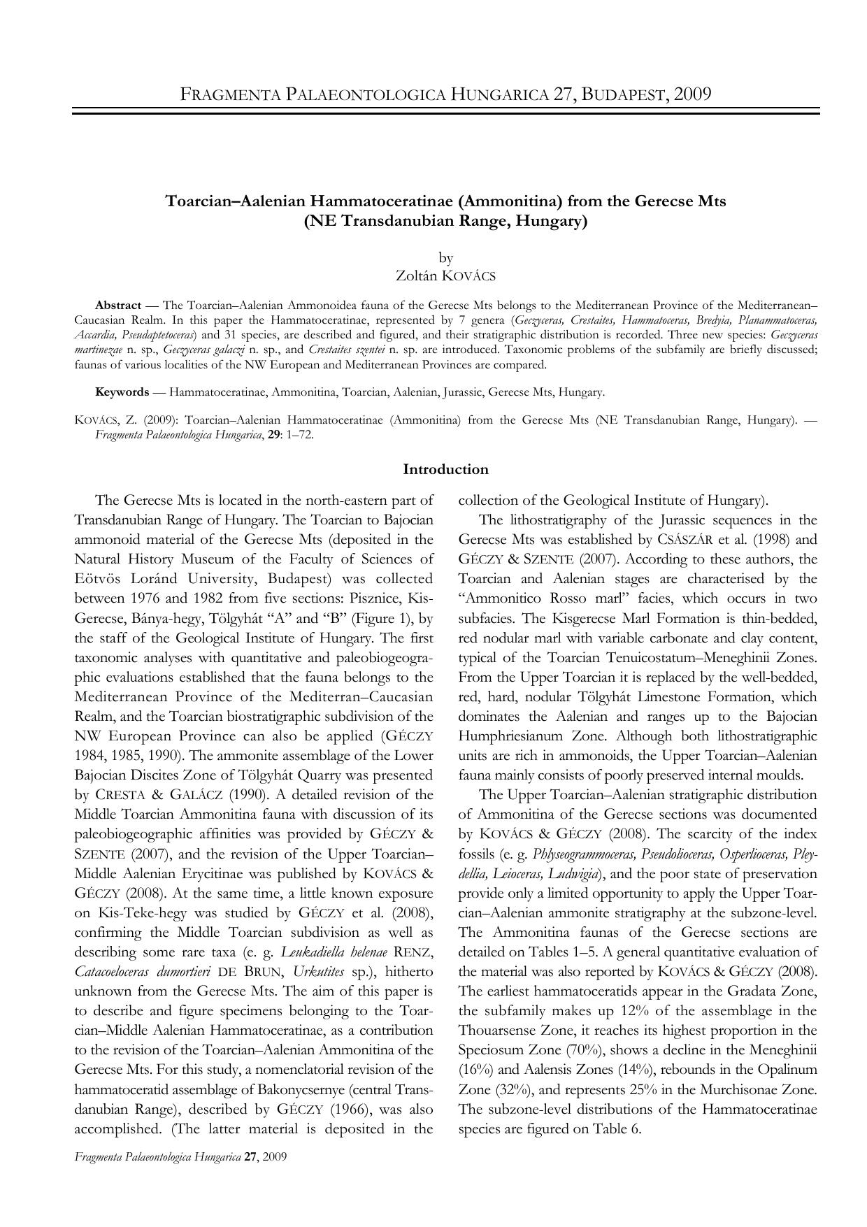 Toarcian–Aalenian Hammatoceratinae (Ammonitina) from the Gerecse Mts (NE Transdanubian Range, Hungary) by Kovacz Z