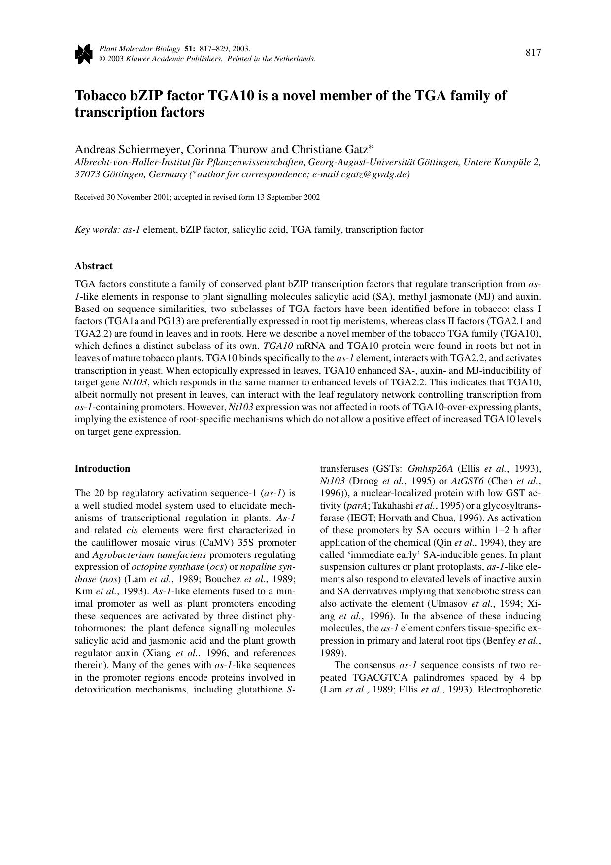 Tobacco bZIP factor TGA10 is a novel member of the TGA family of transcription factors by Unknown
