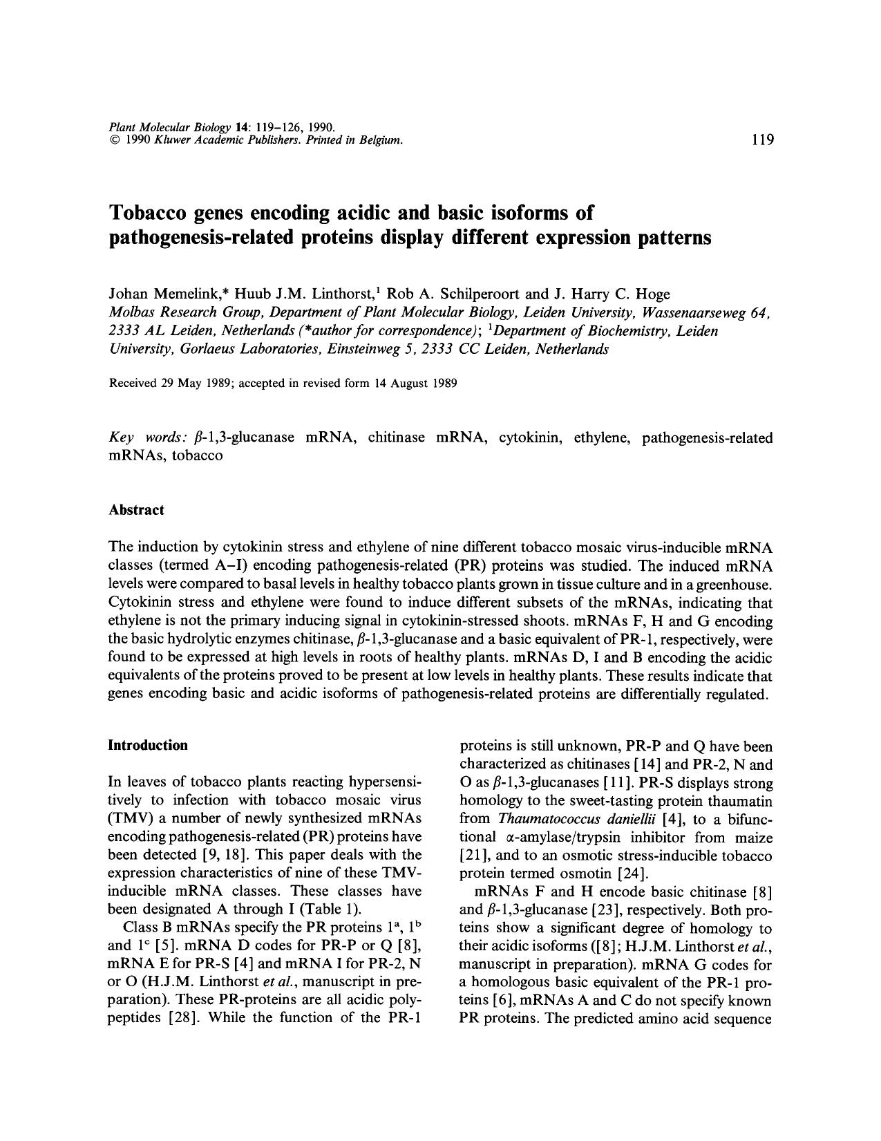 Tobacco genes encoding acidic and basic isoforms of pathogenesis-related proteins display different expression patterns by Unknown