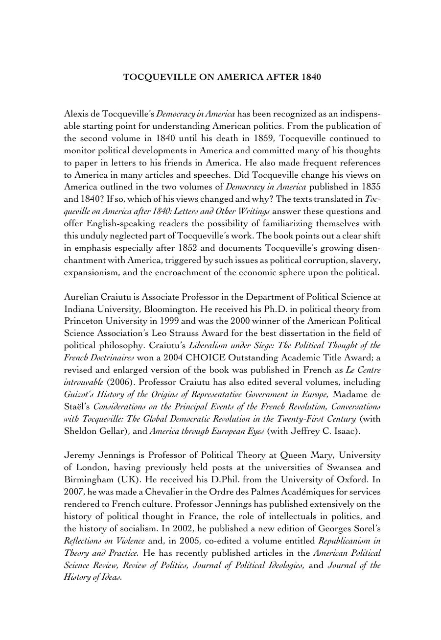 Tocqueville on America After 1840: Letters and Other Writings by Alexis de Tocqueville; Aurelian Craiutu; Jeremy Jennings