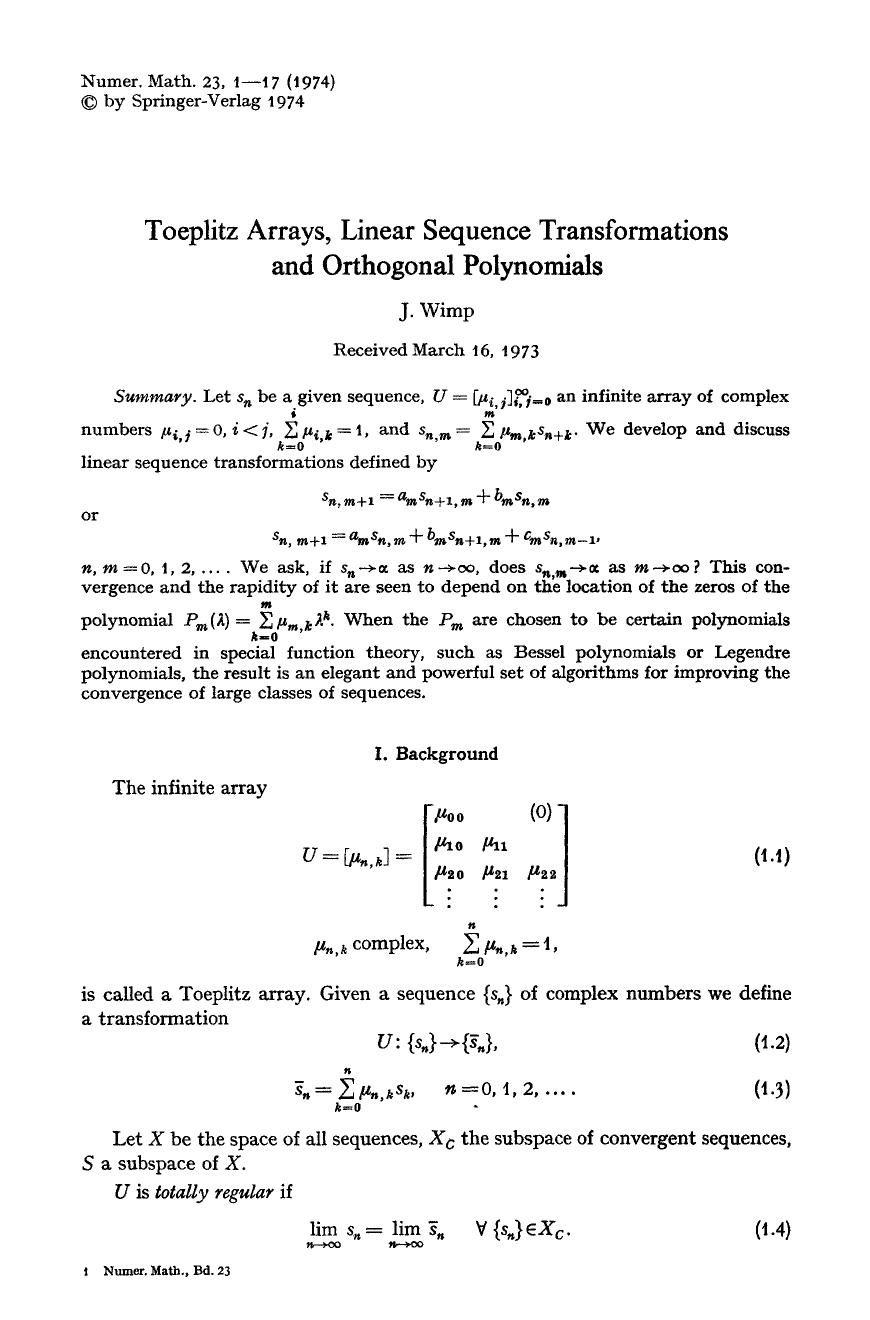 Toeplitz arrays, linear sequence transformations and orthogonal polynomials by Unknown