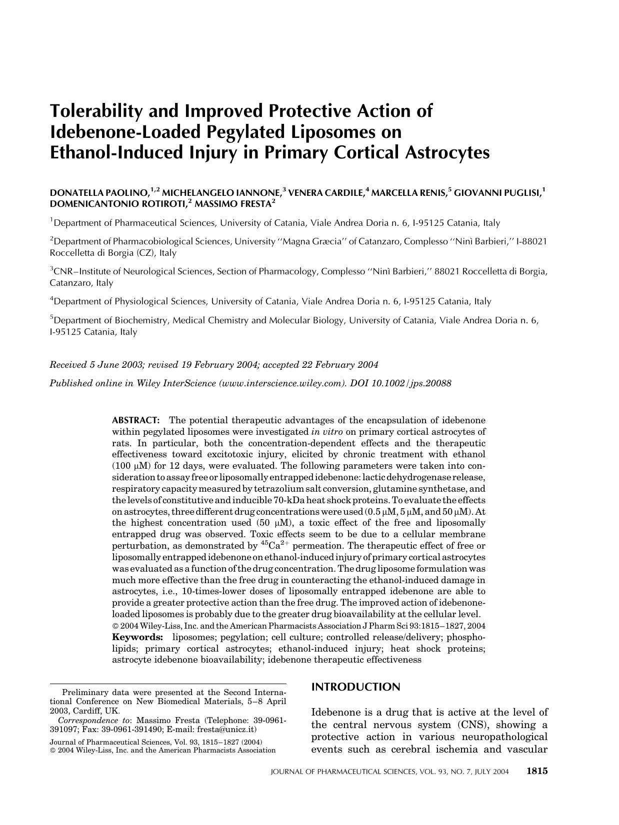Tolerability and improved protective action of idebenone-loaded pegylated liposomes on ethanol-induced injury in primary cortical astrocytes by Unknown