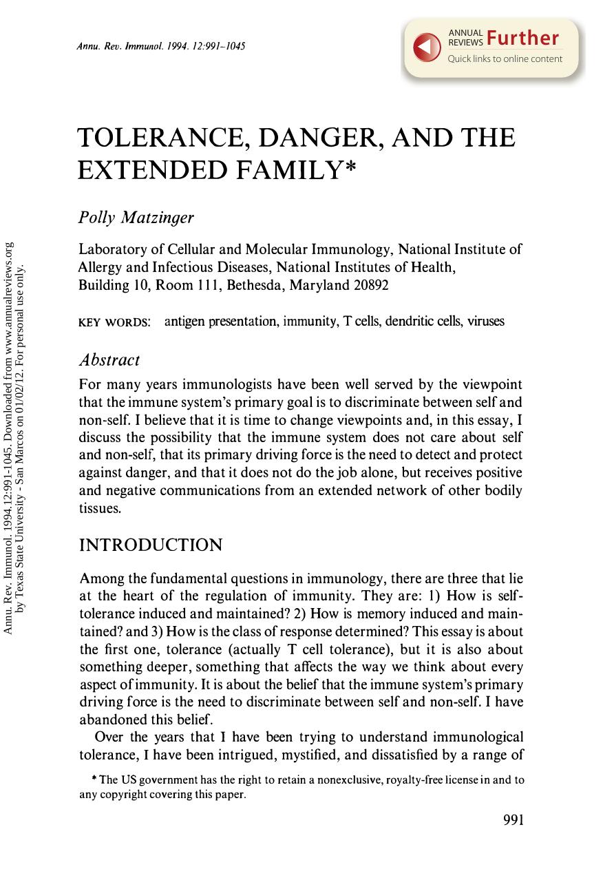 Tolerance, Danger, and the Extended Family by P Matzinger