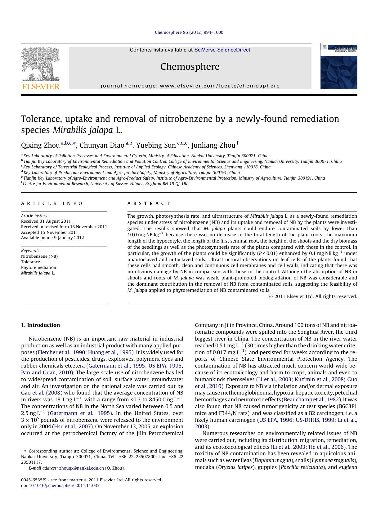 Tolerance, uptake and removal of nitrobenzene by a newly-found remediation species Mirabilis jalapa L. by Qixing Zhou & Chunyan Diao & Yuebing Sun & Junliang Zhou