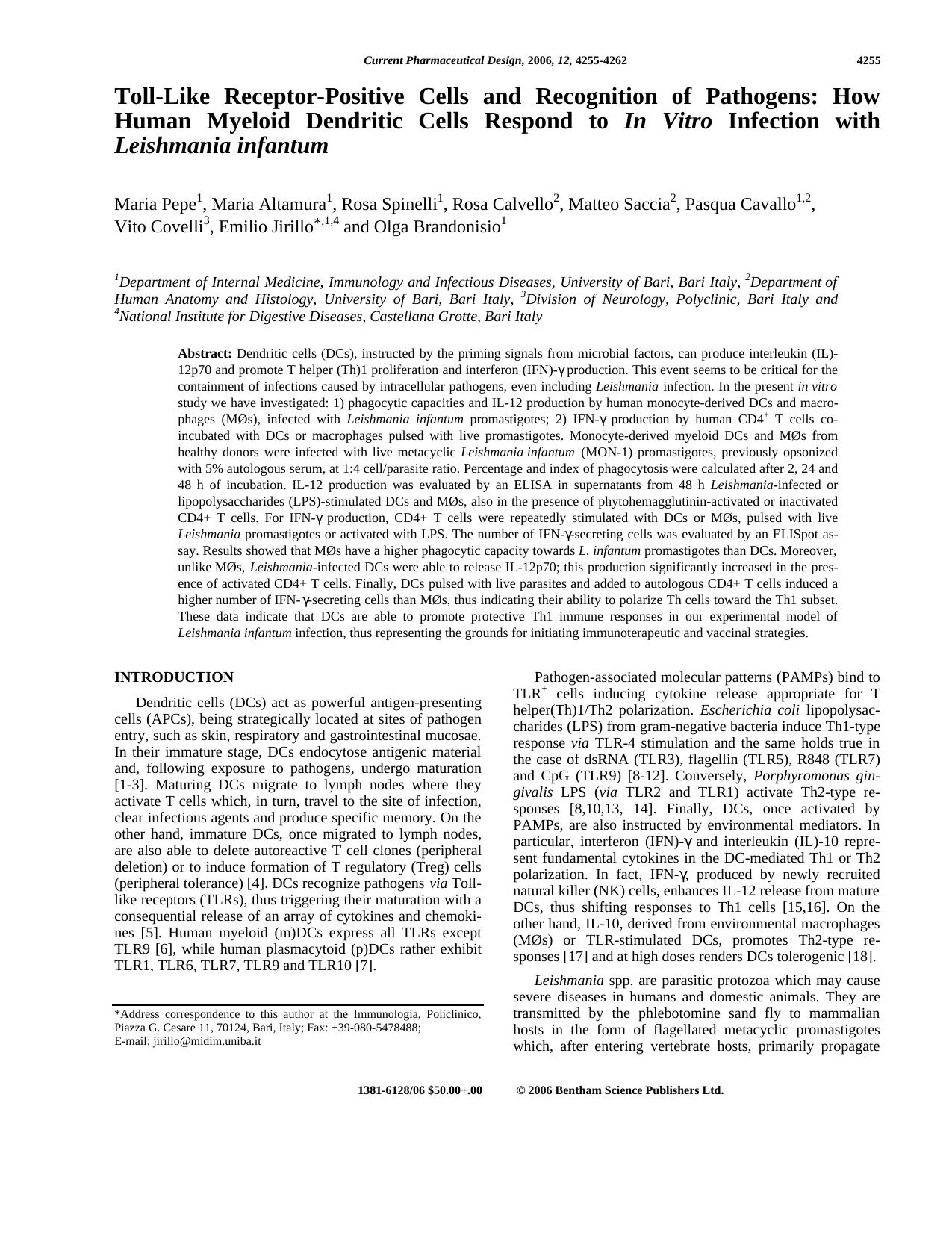 Toll-Like Receptor-Positive Cells and Recognition of Pathogens: How Human Myeloid Dendritic Cells Respond to In Vitro Infection with Leishmania infantum by unknow