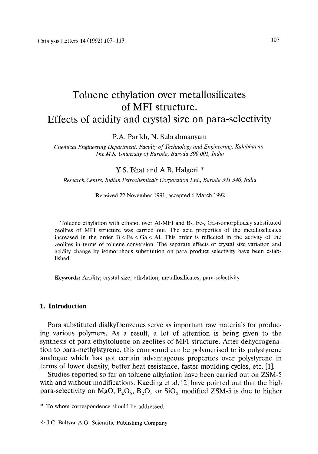 Toluene ethylation over metallosilicates of MFI structure. Effects of acidity and crystal size on para-selectivity by Unknown
