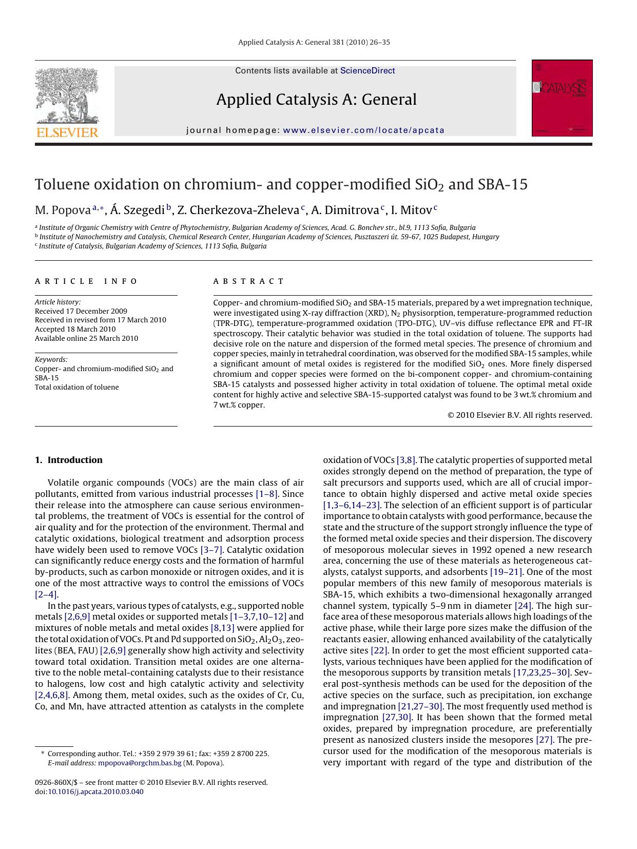 Toluene oxidation on chromium- and copper-modified SiO2 and SBA-15 by M. Popova; Ã•. Szegedi; Z. Cherkezova-Zheleva; A. Dimitrova; I. Mitov