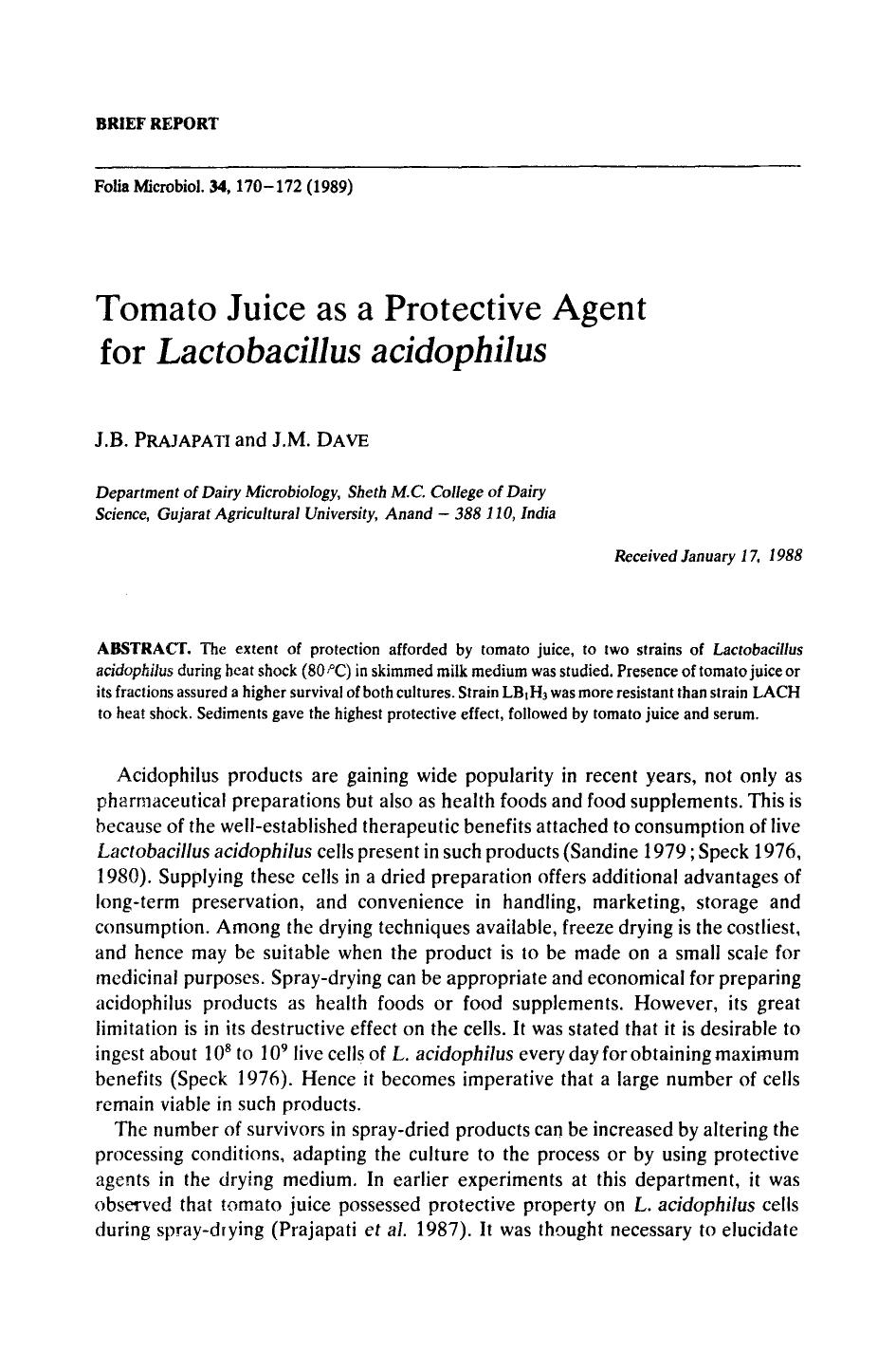 Tomato juice as a protective agent for <Emphasis Type="Italic">Lactobacillus acidophilus <Emphasis> by Unknown