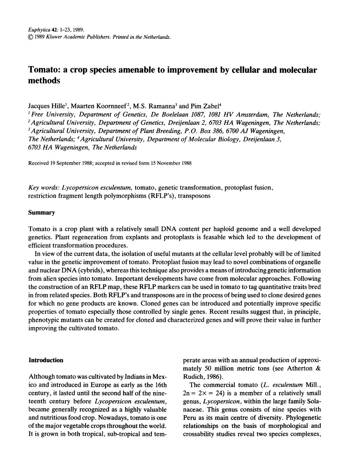 Tomato: a crop species amenable to improvement by cellular and molecular methods by Unknown