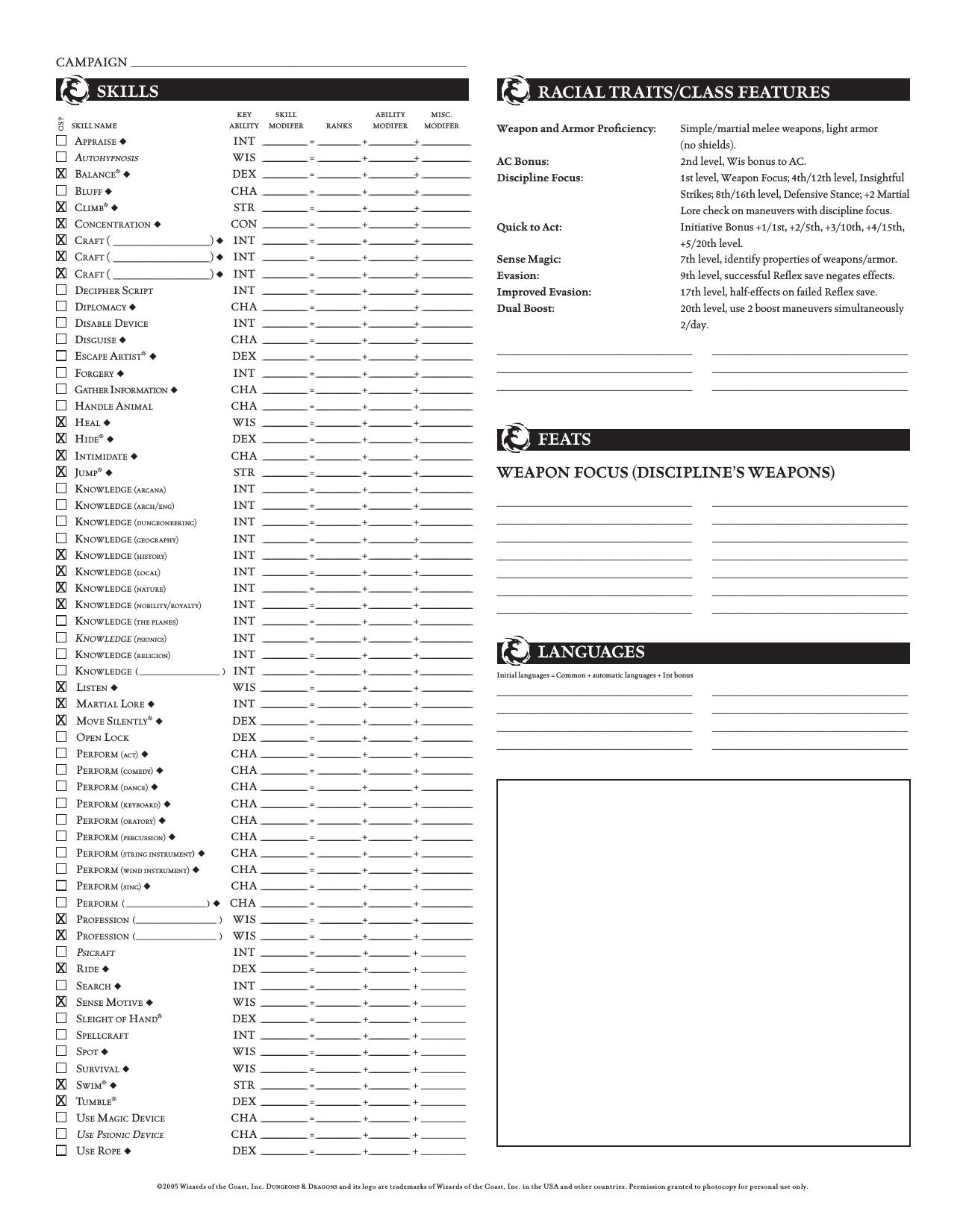 Tome of Battle - Character Sheet by Swordsage