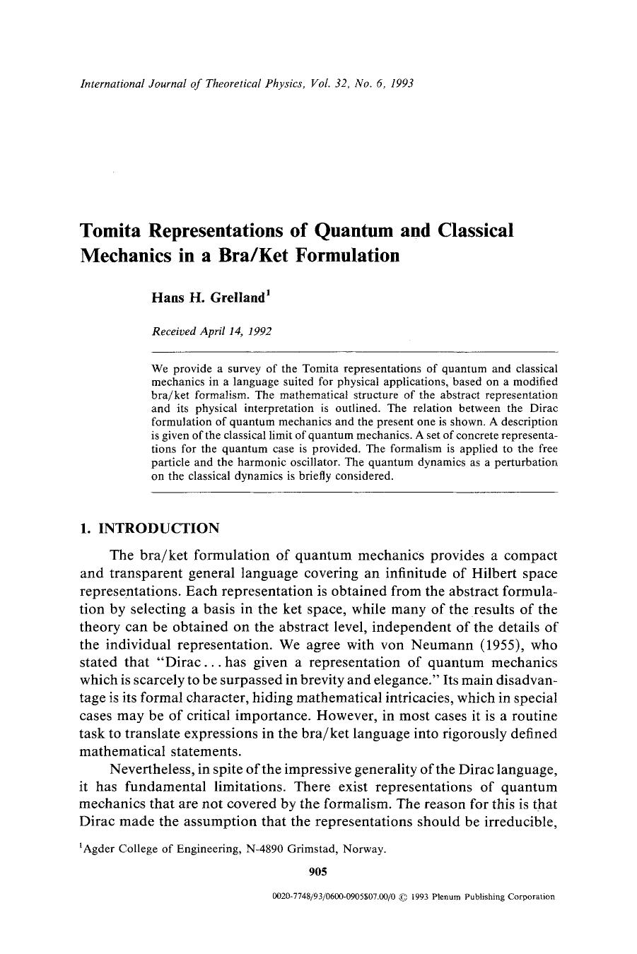 Tomita representations of quantum and classical mechanics in a braket formulation by Unknown