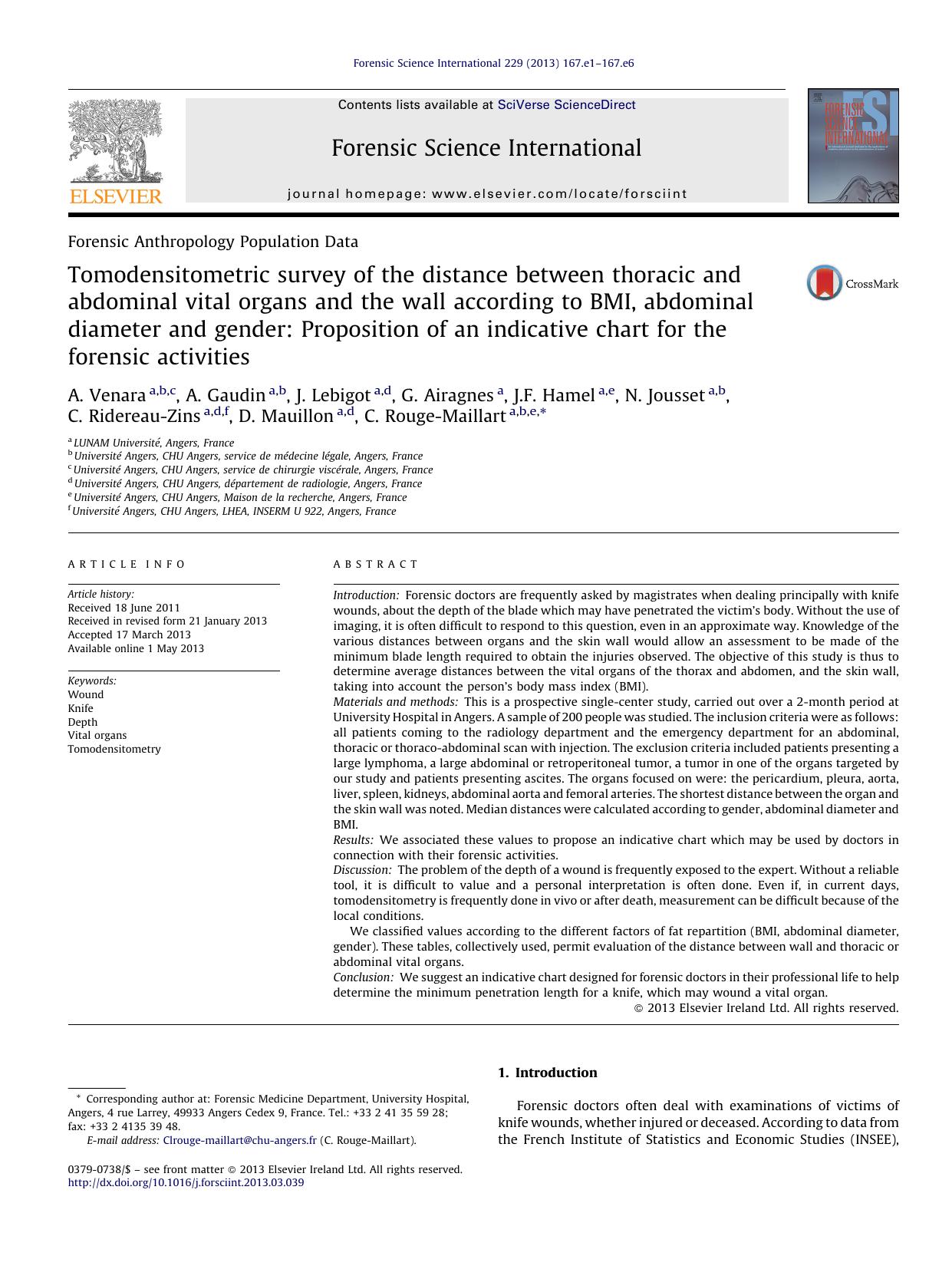 Tomodensitometric survey of the distance between thoracic and abdominal vital organs and the wall according to BMI, abdominal diameter and gender: Proposition of an indicative char by unknow