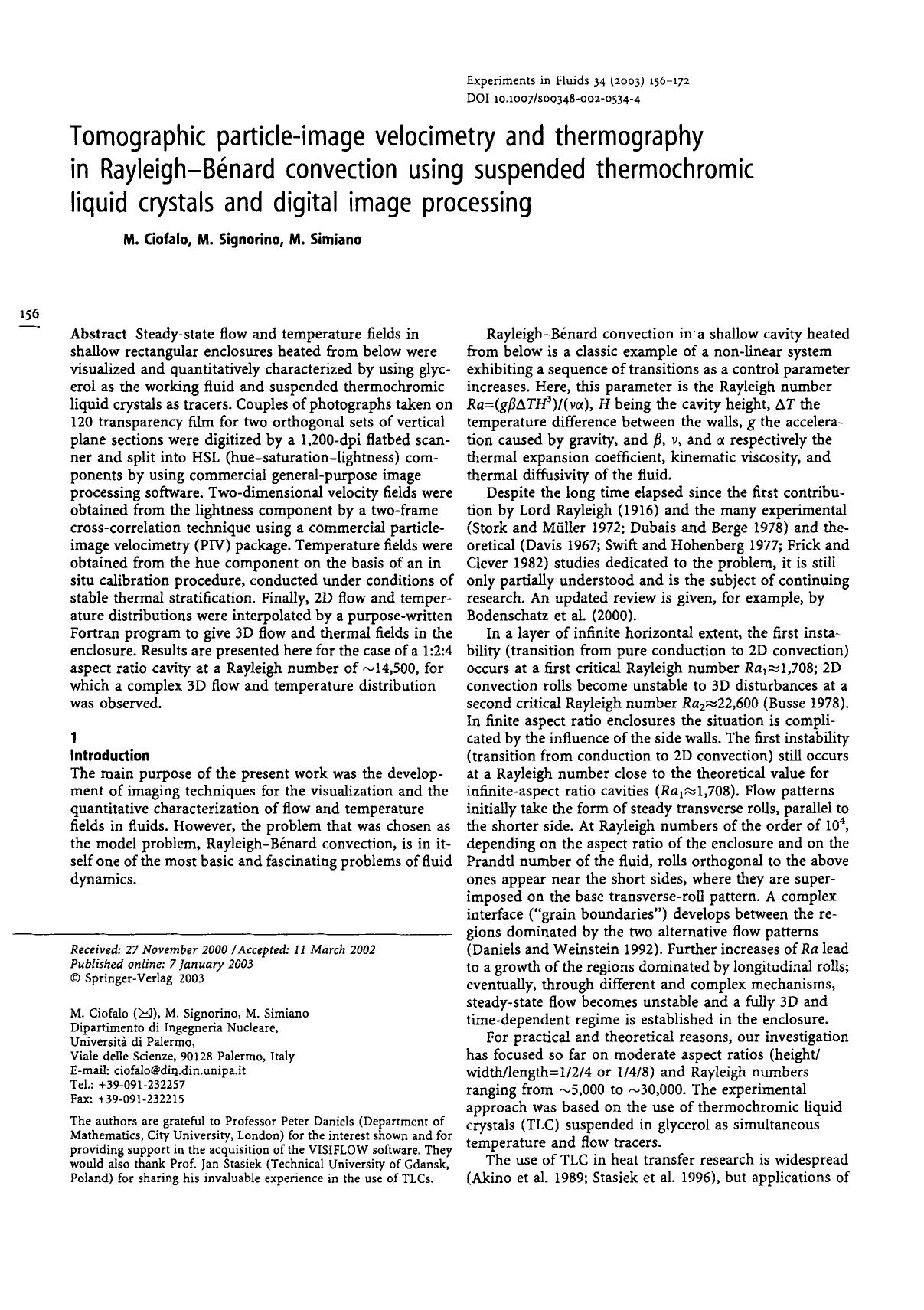 Tomographic particle-image velocimetry and thermography in Rayleigh-Bénard convection using suspended thermochromic liquid crystals and digital image processing by Unknown