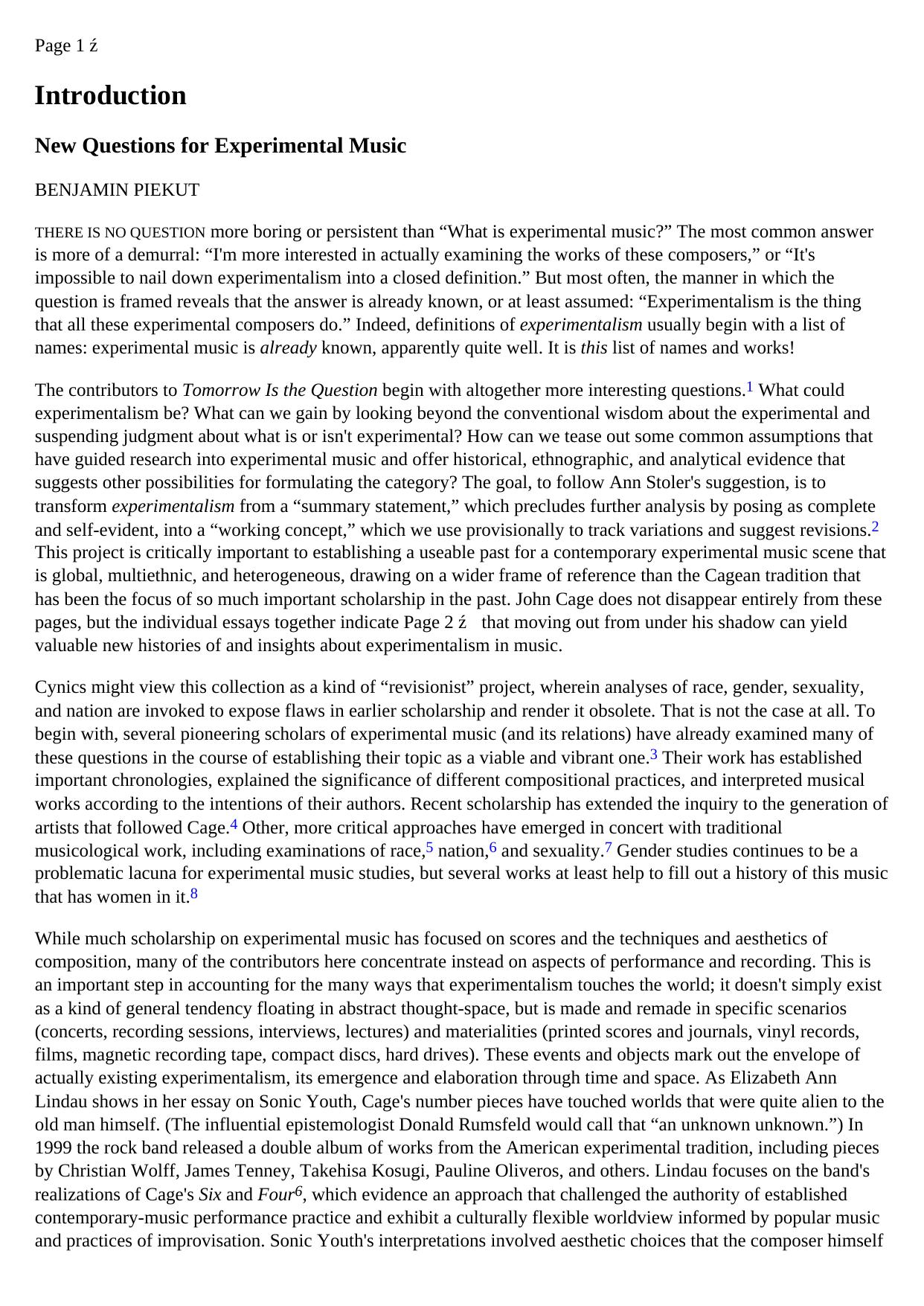 Tomorrow is the Question: New Directions in Experimental Music Studies by coll