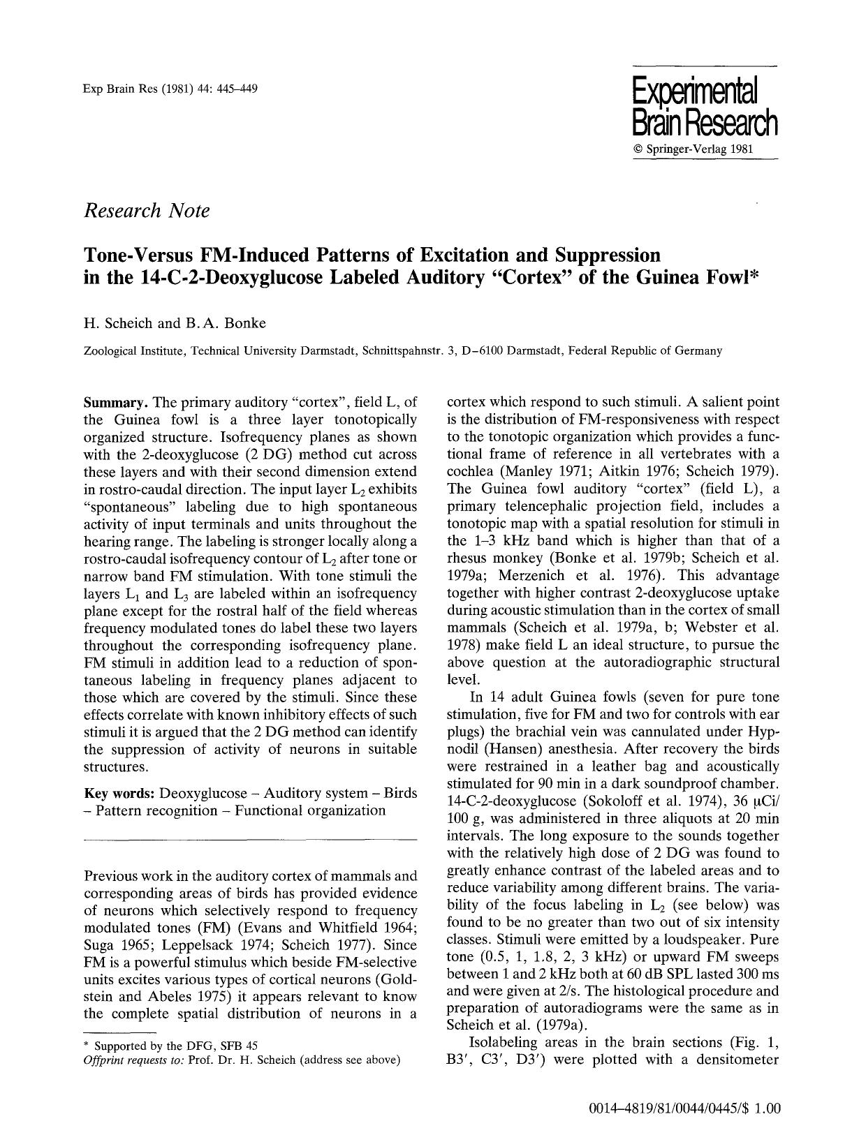Tone-Versus FM-Induced patterns of excitation and suppression in the 14-C-2-Deoxyglucose labeled auditory “Cortex” of the Guinea fowl by Unknown