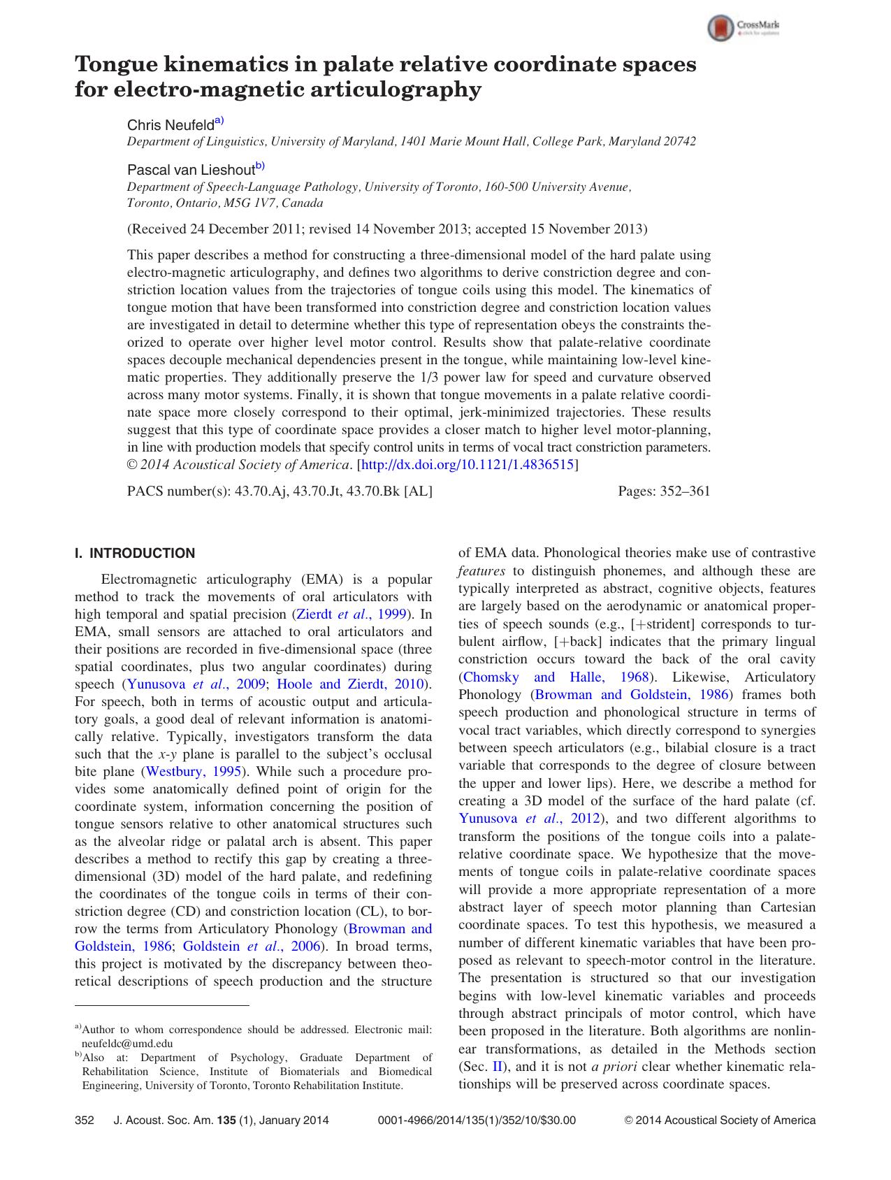 Tongue kinematics in palate relative coordinate spaces for electro-magnetic articulography by Chris Neufelda) and Pascal van Lieshoutb)
