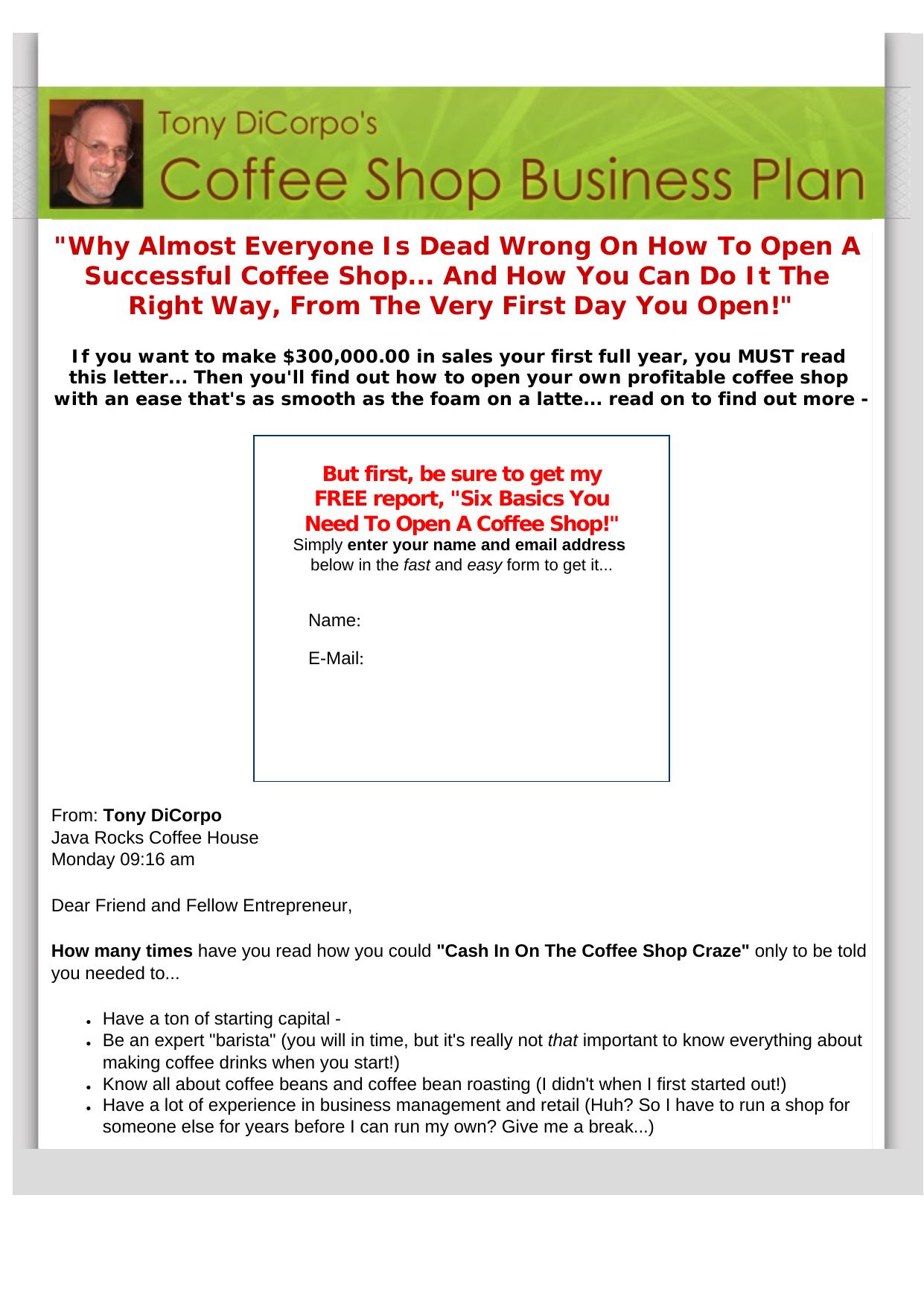 Tonys Coffee Shop Business Plan. by Best of Kuszter's Collection