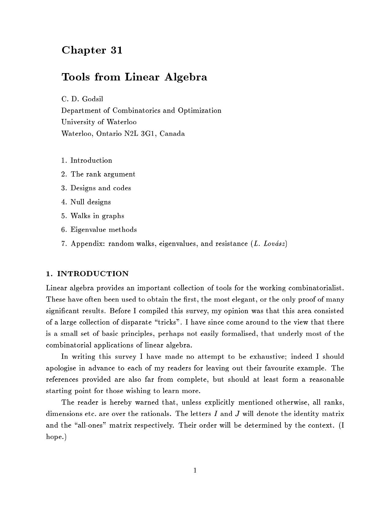 Tools from Linear Algebra [Chapter 31 of "Handbook of Combinatorics"] by Chris D. Godsil