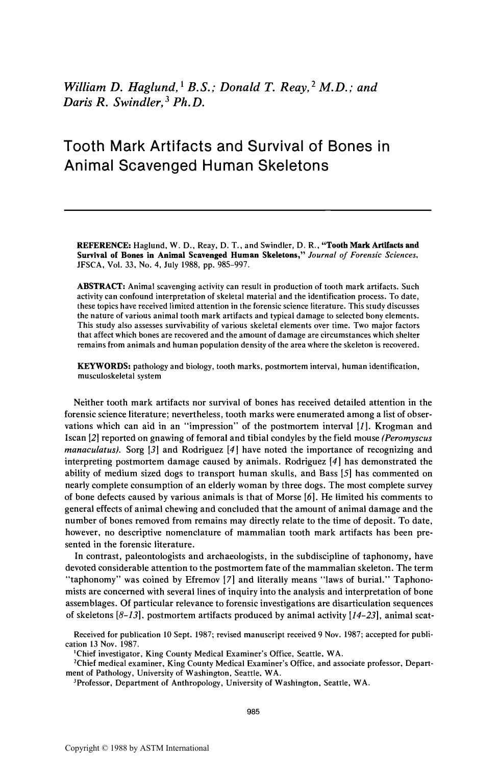 Tooth Mark Artifacts and Survival of Bones in Animal Scavenged Human Skeletons by Haglund WD Reay DT Swindler DR