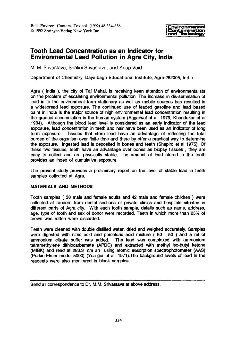 Tooth lead concentration as an indicator for environmental lead pollution in Agra City, India by Unknown