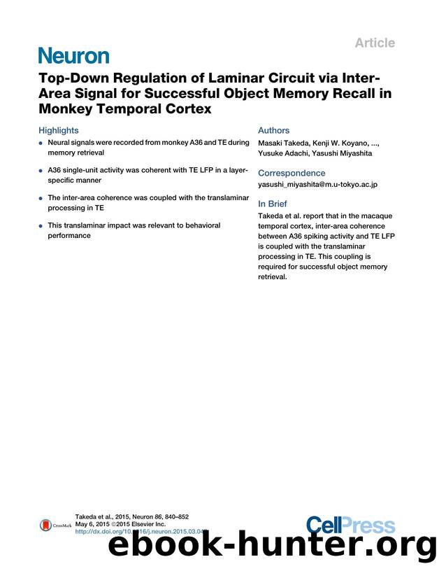 Top-Down Regulation of Laminar Circuit via Inter-Area Signal for Successful Object Memory Recall in Monkey Temporal Cortex by Masaki Takeda & Kenji W. Koyano & Toshiyuki Hirabayashi & Yusuke Adachi & Yasushi Miyashita