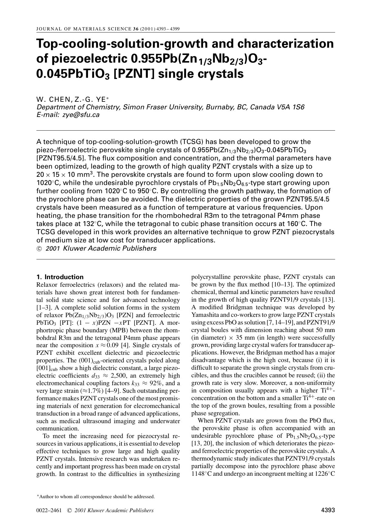Top-cooling-solution-growth and characterization of piezoelectric 0.955Pb(Zn13Nb23)O3-0.045PbTiO3 [PZNT] single crystals by Unknown