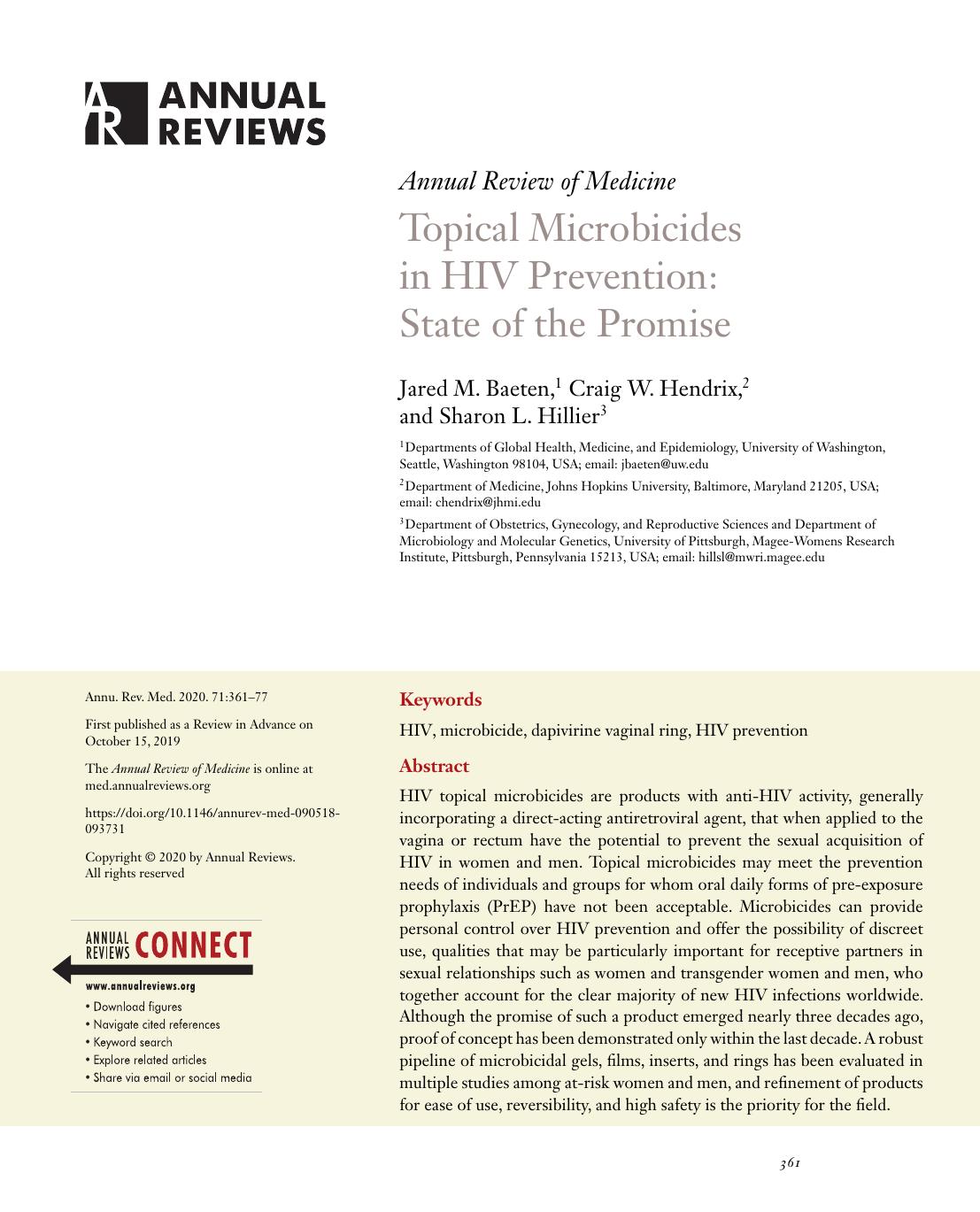 Topical Microbicides in HIV Prevention: State of the Promise by Jared M. Baeten Craig W. Hendrix Sharon L. Hillier