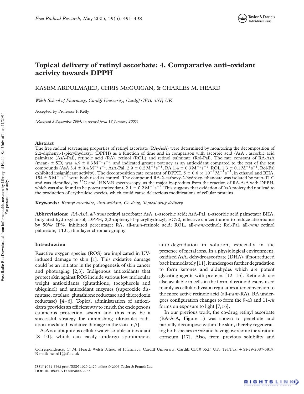 Topical delivery of retinyl ascorbate: 4. Comparative anti-oxidant activity towards DPPH by Kasem Abdulmajed Chris McGuigan & Charles M. Heard