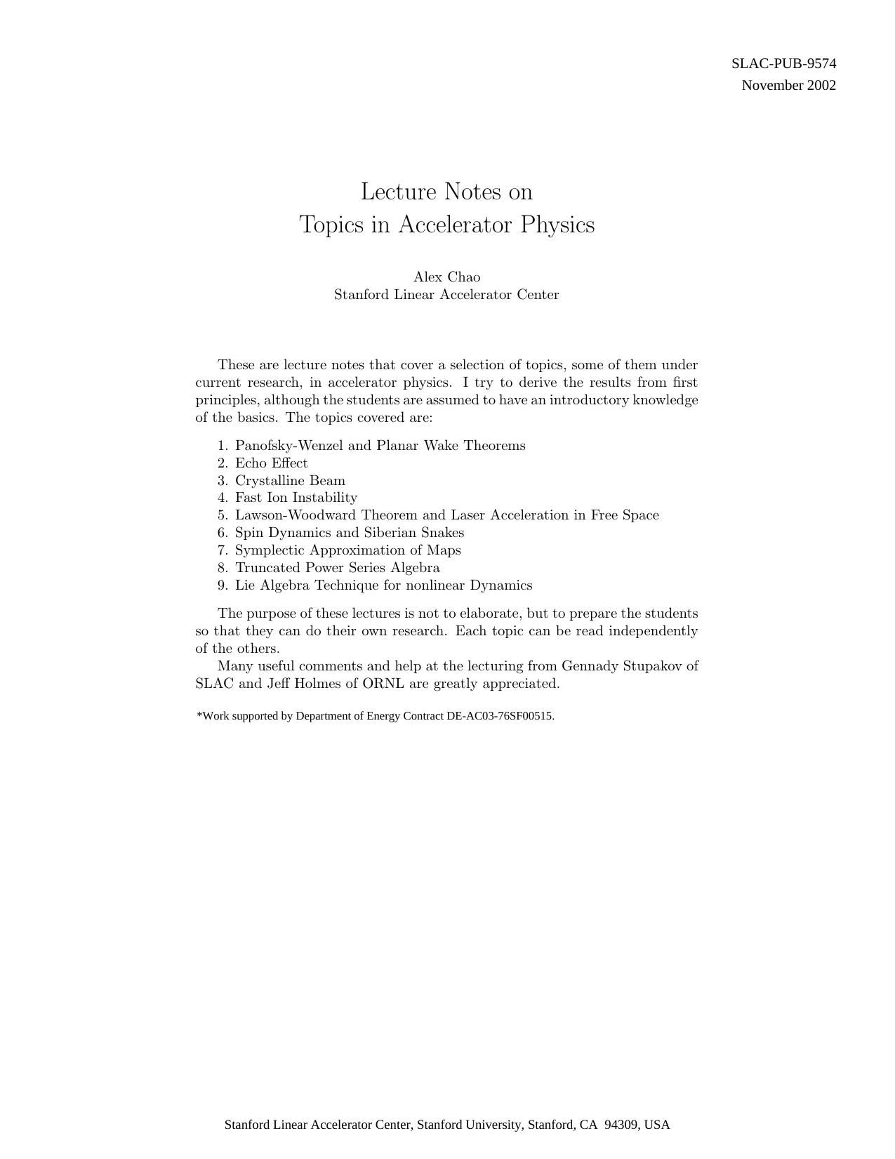 Topics in Accelerator Physics (lecture notes) by A. Chao
