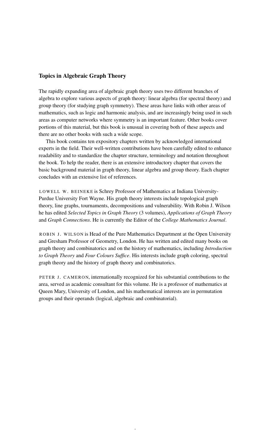 Topics in Algebraic Graph Theory (Encyclopedia of Mathematics and its Applications) by Lowell W. Beineke Robin J. Wilson Peter J. Cameron