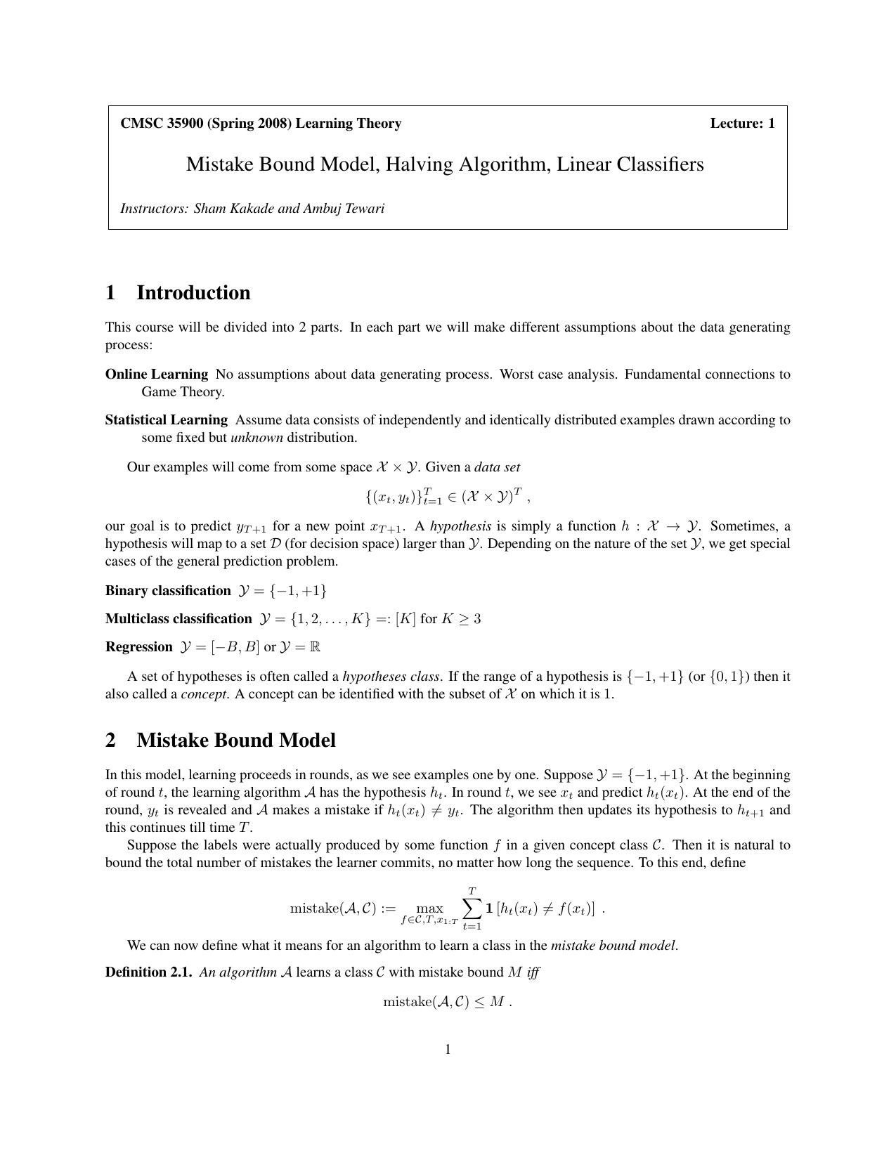 Topics in Artificial Intelligence (Learning Theory) by Kakade S. Tewari A