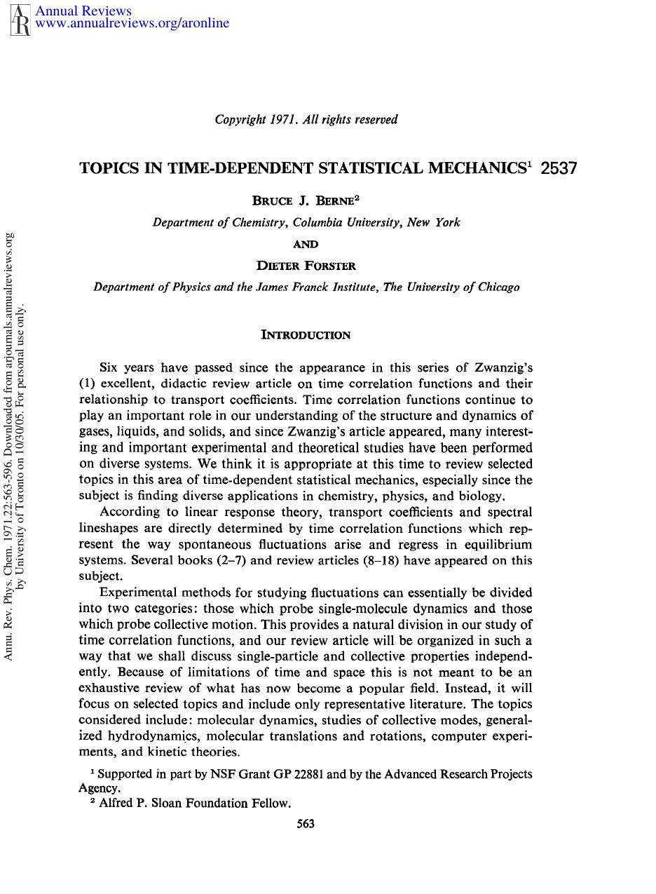 Topics in Time-Dependent Statistical Mechanics by B J Berne & D Forster