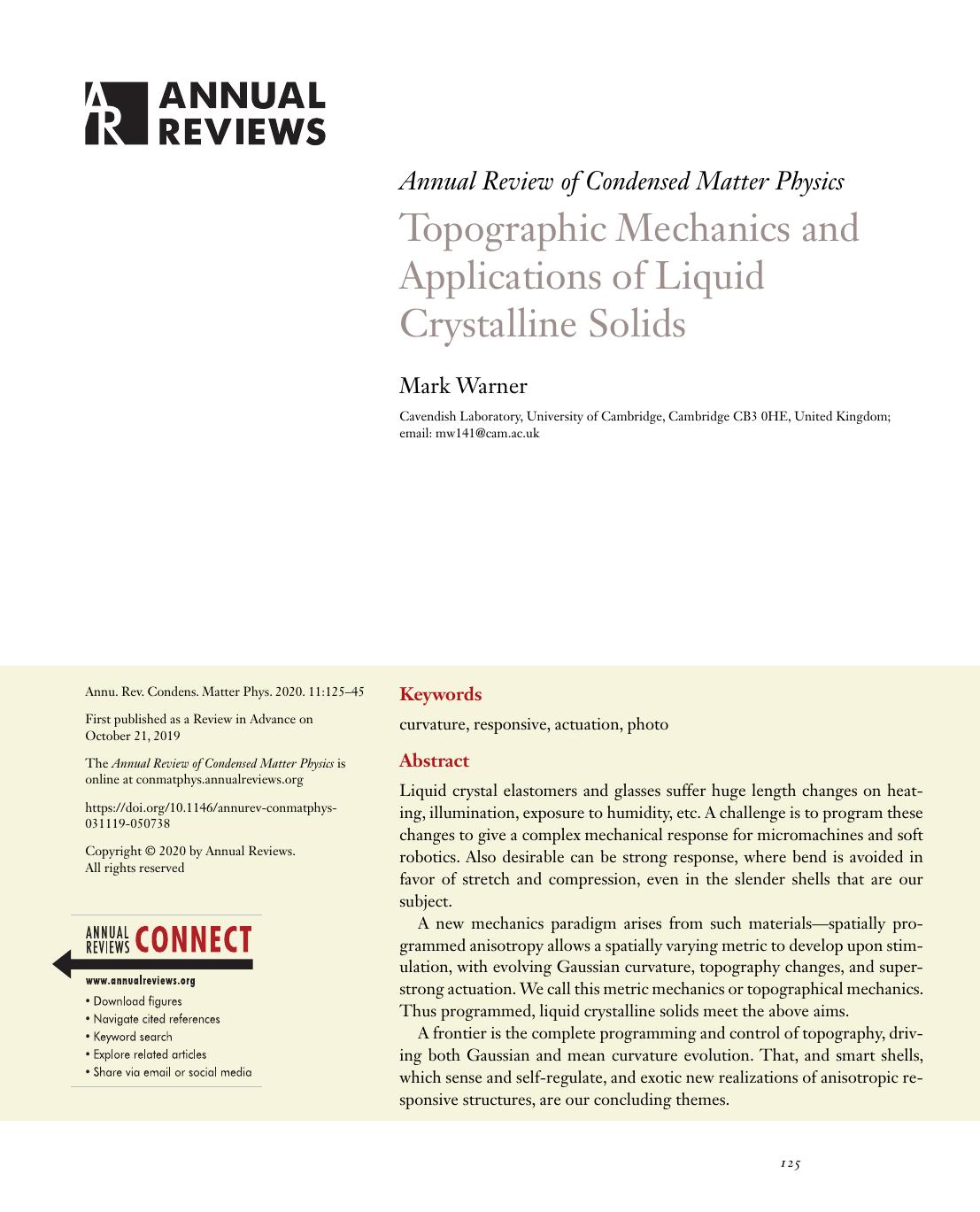 Topographic Mechanics and Applications of Liquid Crystalline Solids by Mark Warner