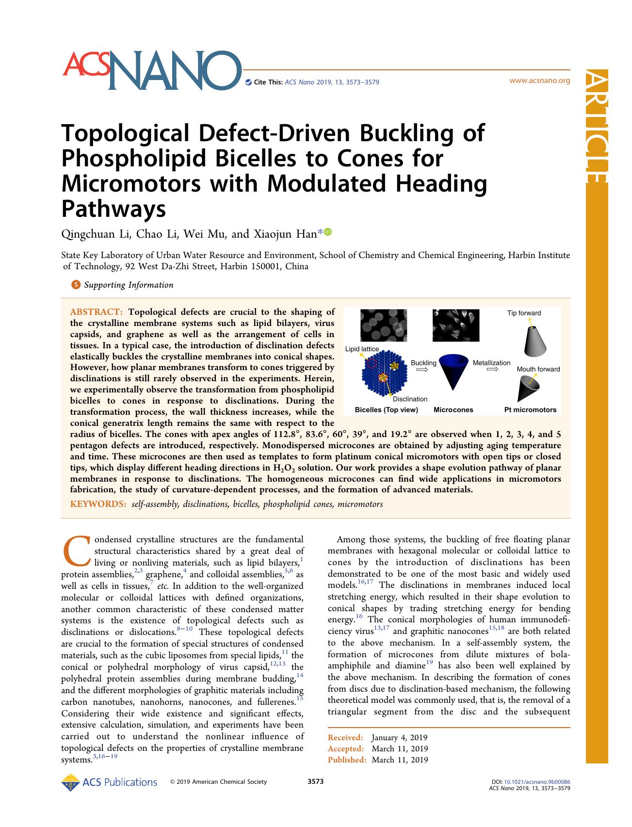 Topological Defect-Driven Buckling of Phospholipid Bicelles to Cones for Micromotors with Modulated Heading Pathways by Qingchuan Li Chao Li Wei Mu and Xiaojun Han