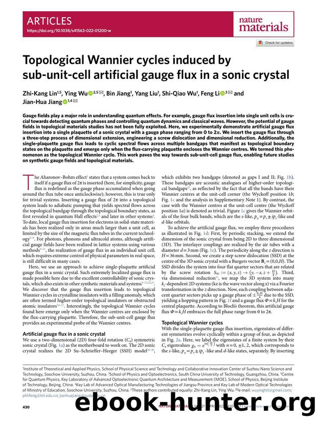 Topological Wannier cycles induced by sub-unit-cell artificial gauge flux in a sonic crystal by Zhi-Kang Lin & Ying Wu & Bin Jiang & Yang Liu & Shi-Qiao Wu & Feng Li & Jian-Hua Jiang