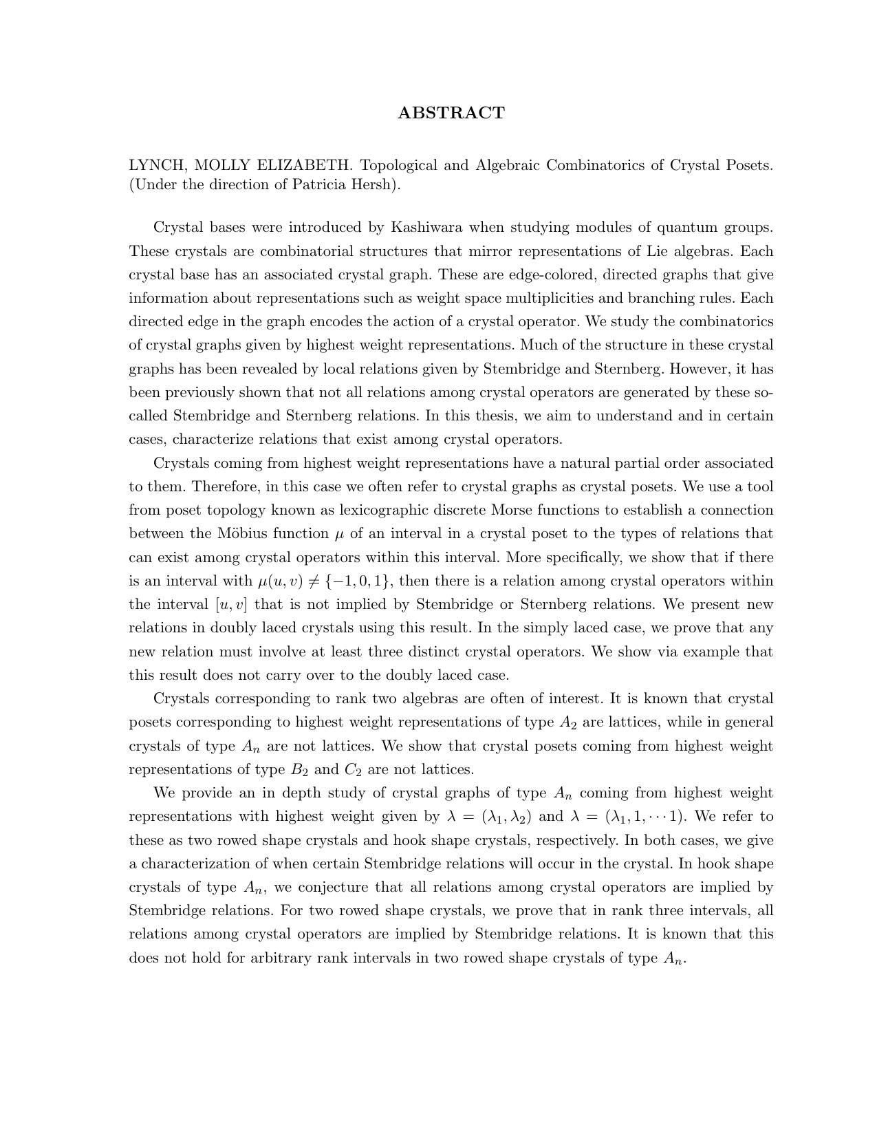 Topological and Algebraic Combinatorics of Crystal Posets by Molly Elizabeth Lynch