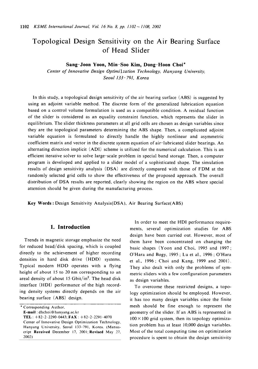Topological design sensitivity on the air bearing surface of head slider by Unknown
