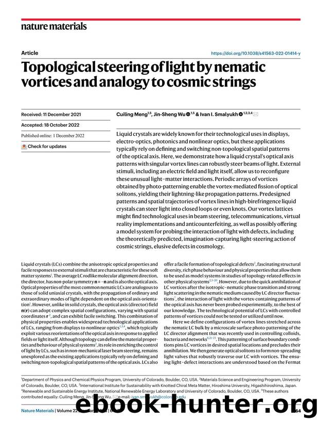 Topological steering of light by nematic vortices and analogy to cosmic strings by Cuiling Meng & Jin-Sheng Wu & Ivan I. Smalyukh