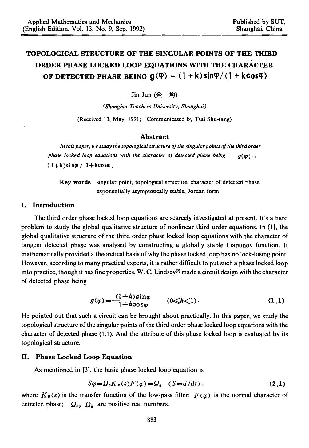 Topological structure of the singular points of the third order phase locked loop equations with the character of detected phase being g(&#x03C6;)=(1+k) sin&#x03C6;(1+kcos&#x03C6;) by Unknown