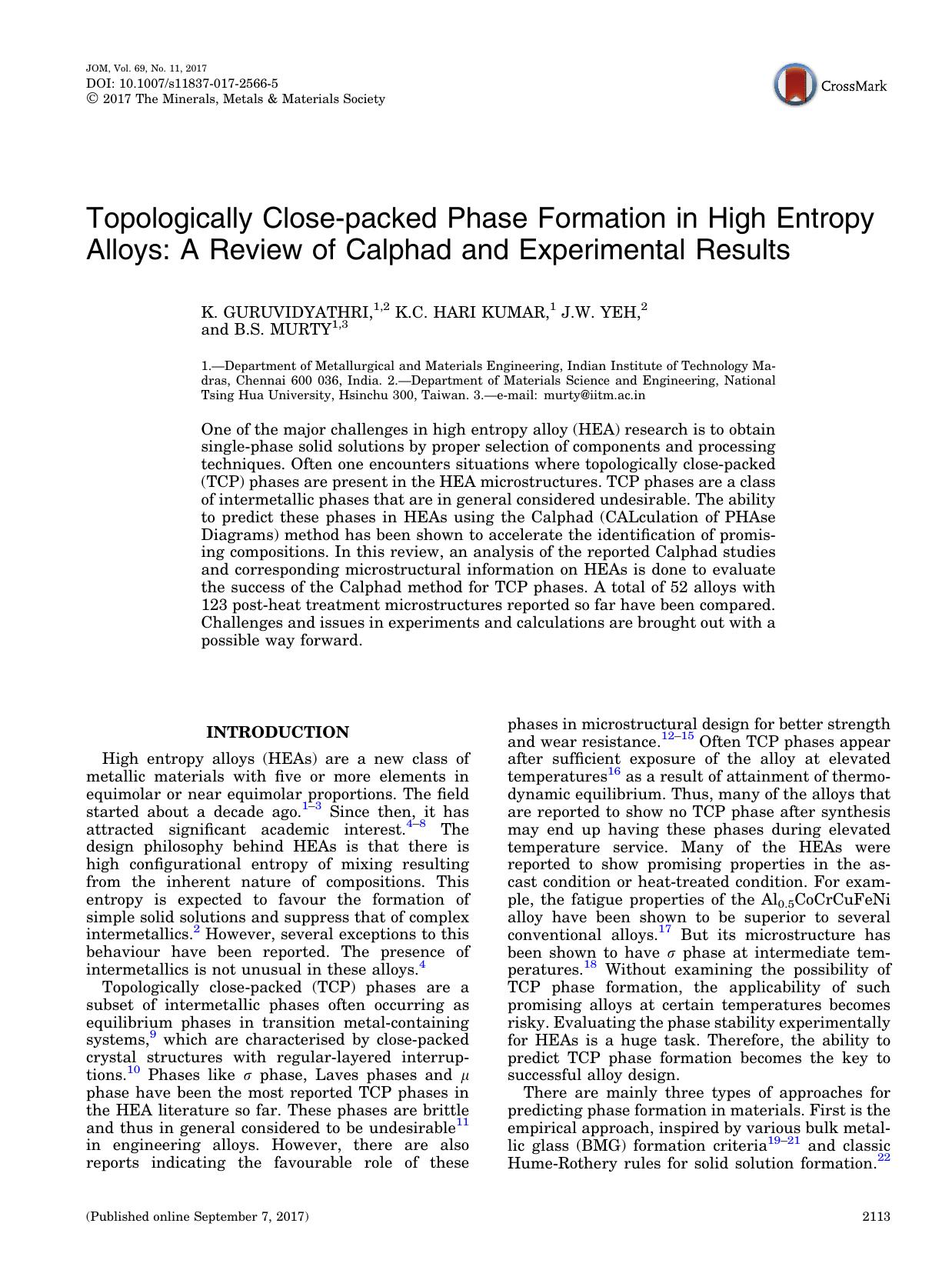 Topologically Close-packed Phase Formation in High Entropy Alloys: A Review of Calphad and Experimental Results by K. Guruvidyathri & K. C. Hari Kumar & J. W. Yeh & B. S. Murty