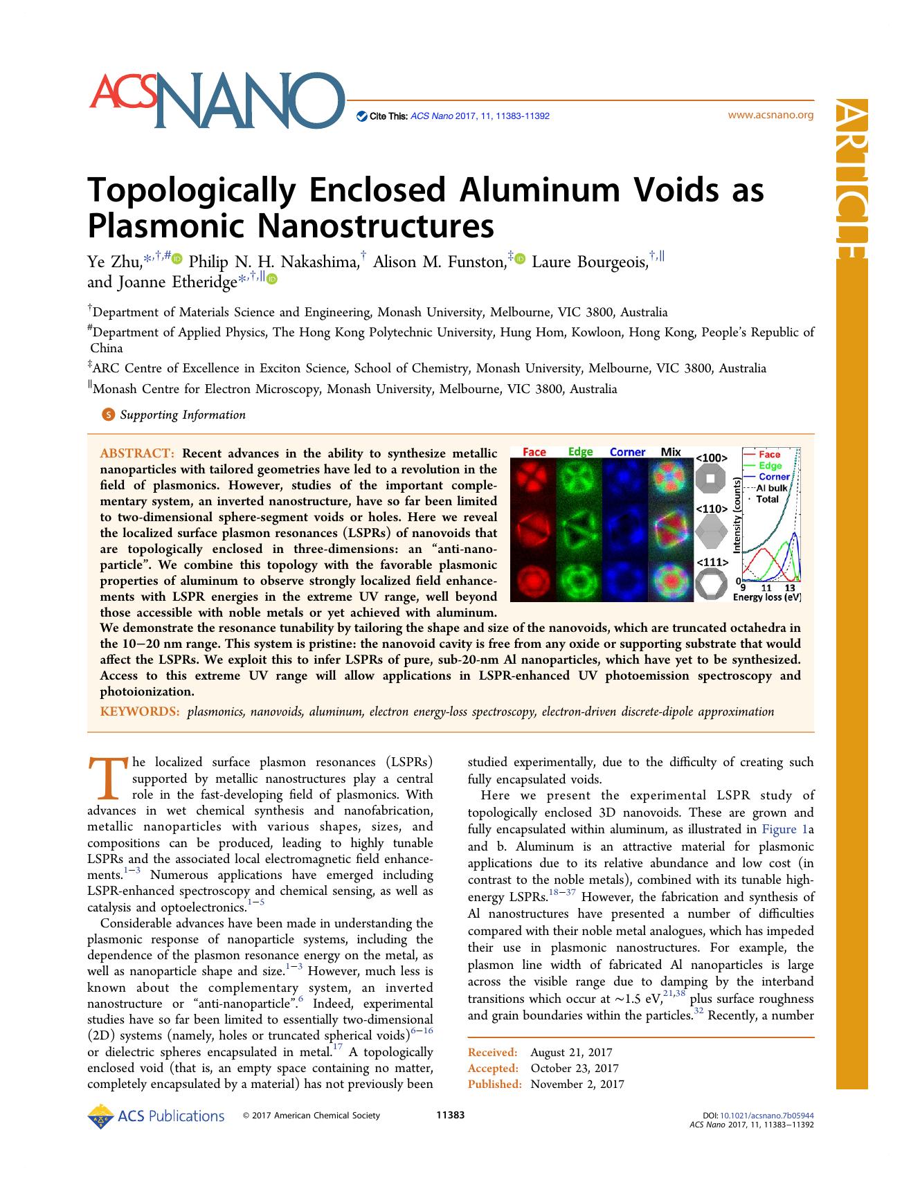 Topologically Enclosed Aluminum Voids as Plasmonic Nanostructures by Ye Zhu Philip N. H. Nakashima Alison M. Funston Laure Bourgeois and Joanne Etheridge
