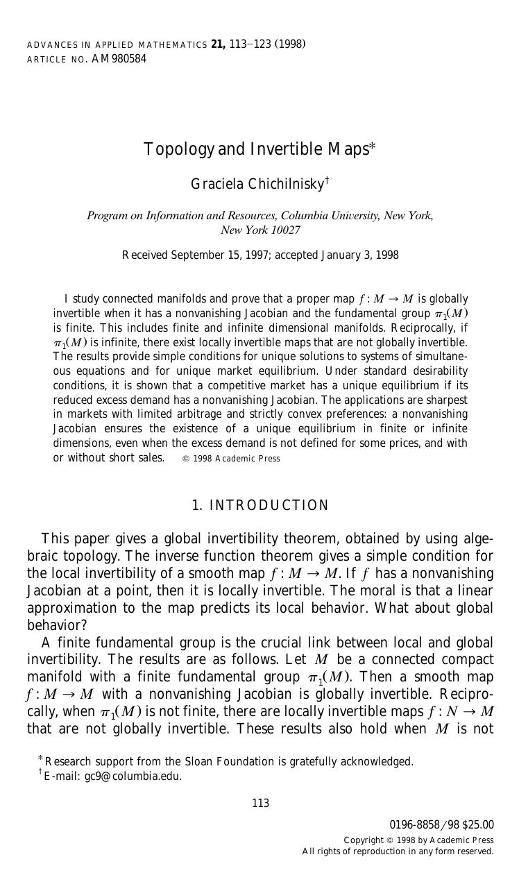 Topology and Invertible Maps by Chichilnisky G