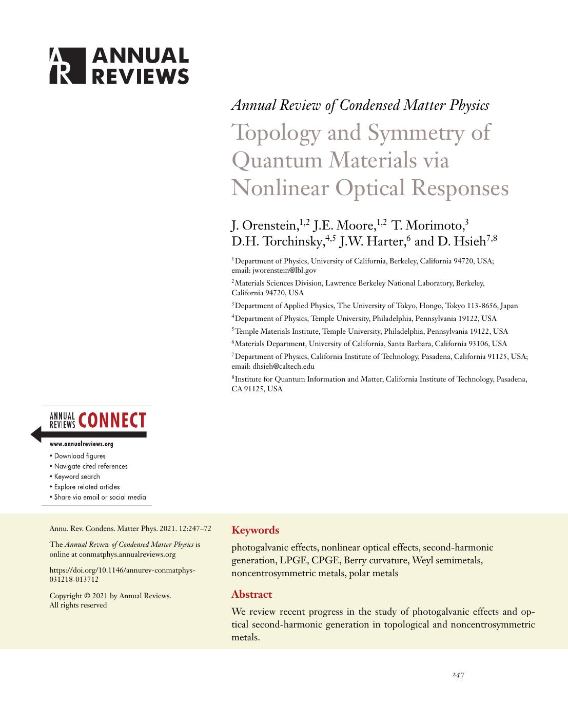 Topology and Symmetry of Quantum Materials via Nonlinear Optical Responses by J. Orenstein J.E. Moore T. Morimoto D.H. Torchinsky J.W. Harter D. Hsieh