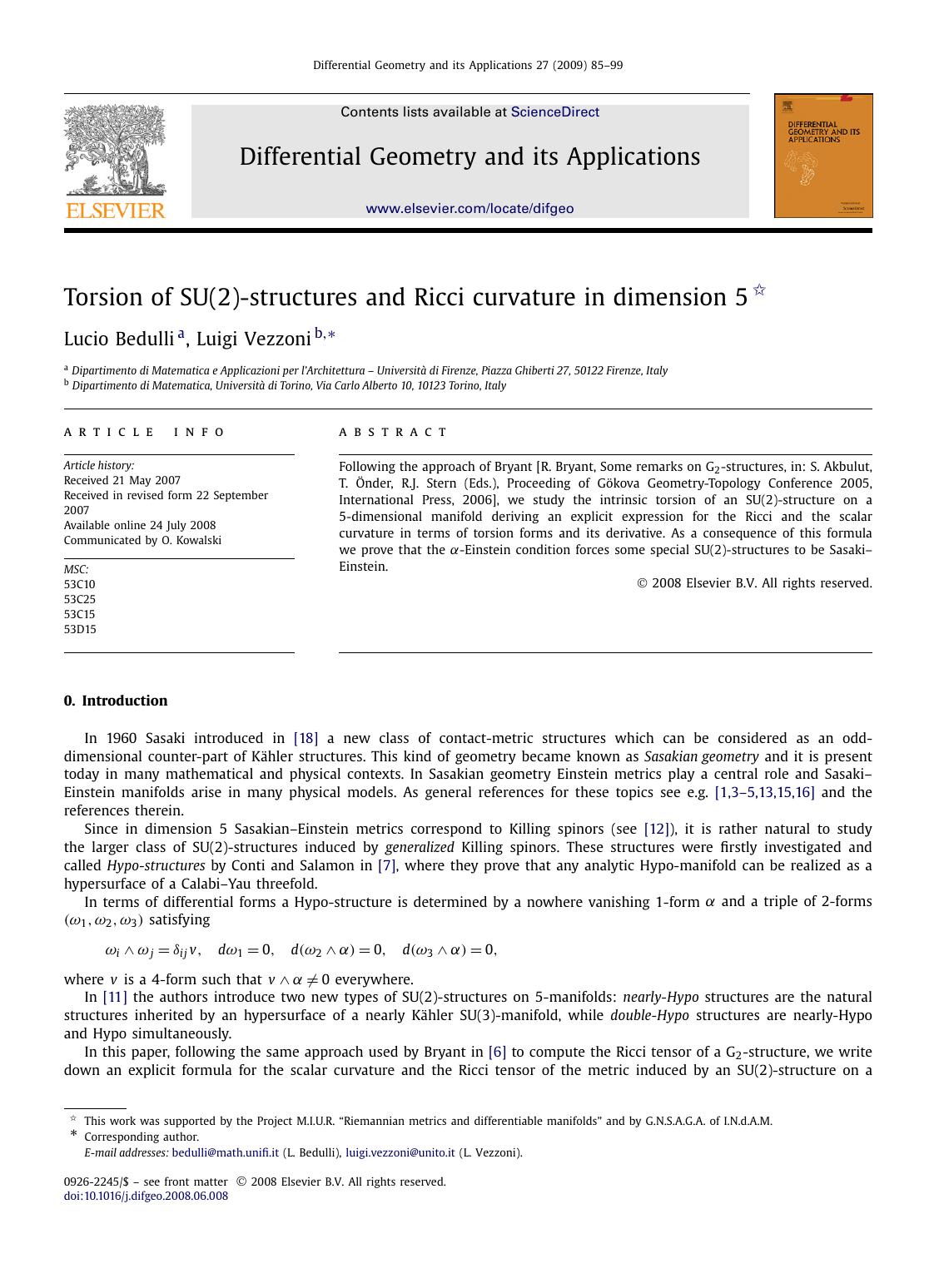 Torsion of SU(2)-structures and Ricci curvature in dimension 5 by Lucio Bedulli; Luigi Vezzoni