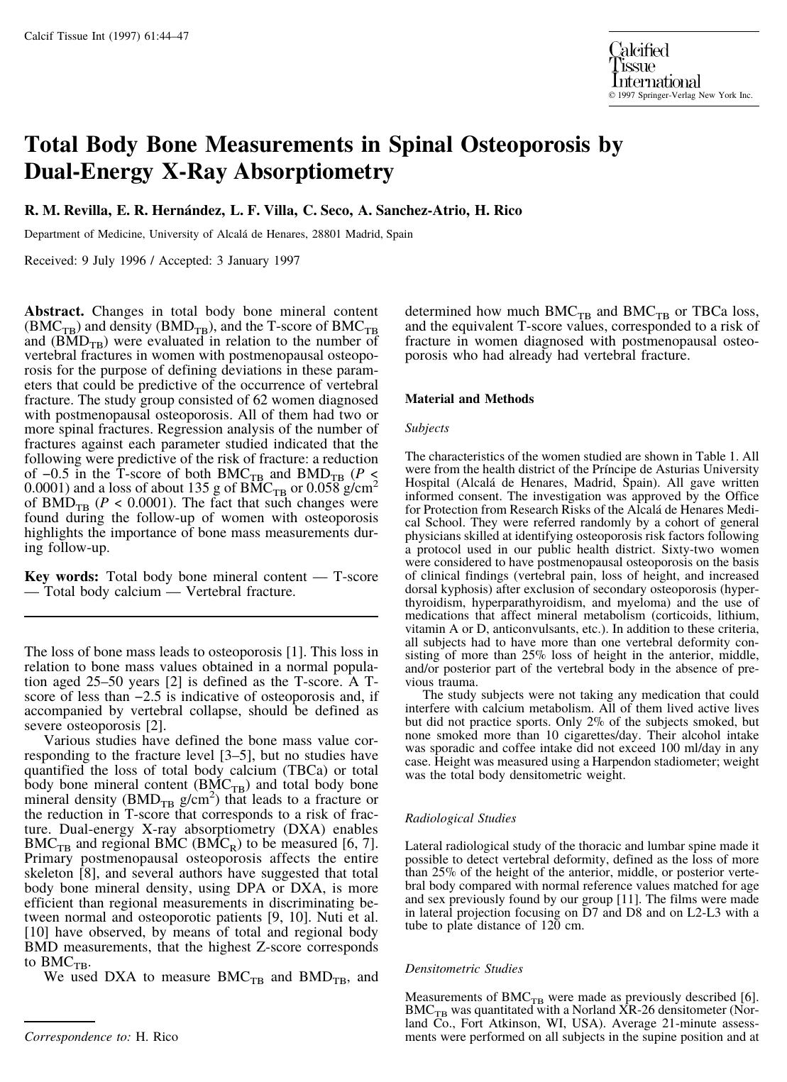 Total Body Bone Measurements in Spinal Osteoporosis by Dual-Energy X-Ray Absorptiometry by Revilla R. et al