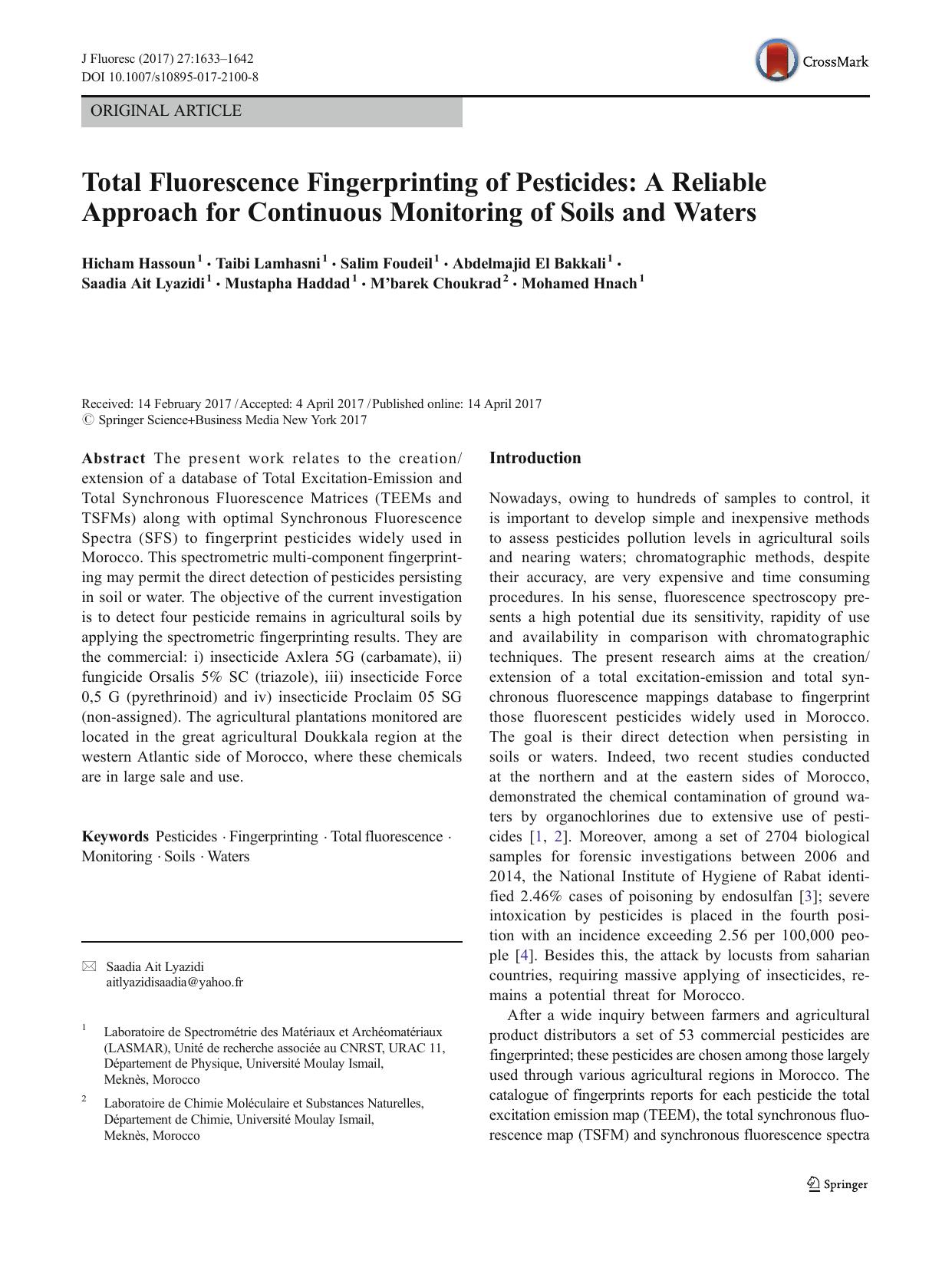 Total Fluorescence Fingerprinting of Pesticides: A Reliable Approach for Continuous Monitoring of Soils and Waters by unknow
