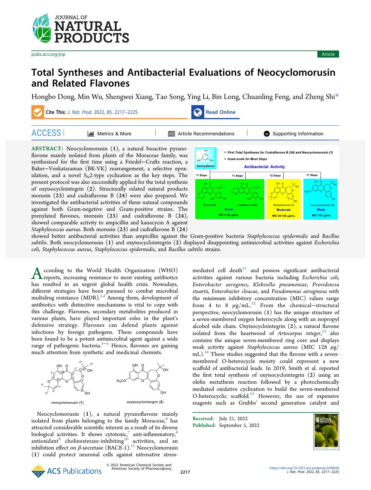 Total Syntheses and Antibacterial Evaluations of Neocyclomorusin and Related Flavones by Hongbo Dong Min Wu Shengwei Xiang Tao Song Ying Li Bin Long Chuanling Feng and Zheng Shi