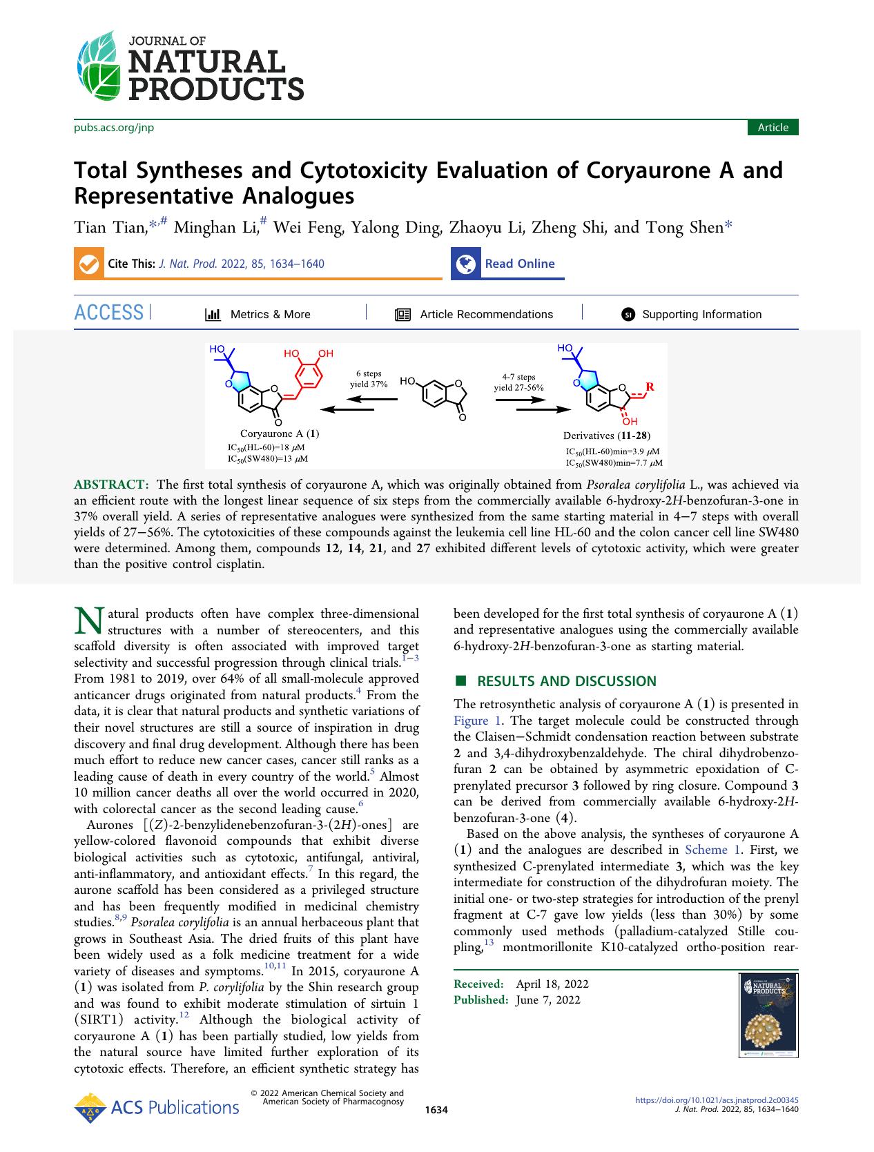 Total Syntheses and Cytotoxicity Evaluation of Coryaurone A and Representative Analogues by Tian Tian Minghan Li Wei Feng Yalong Ding Zhaoyu Li Zheng Shi and Tong Shen