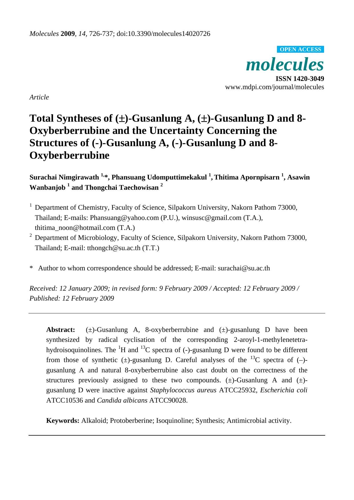 Total Syntheses of (ï±)-Gusanlung A, (ï±)-Gusanlung D and 8-Oxyberberrubine and the Uncertainty Concerning the Structures of (-)-Gusanlung A, (-)-Gusanlung D and 8-Oxyberberrubine by unknow
