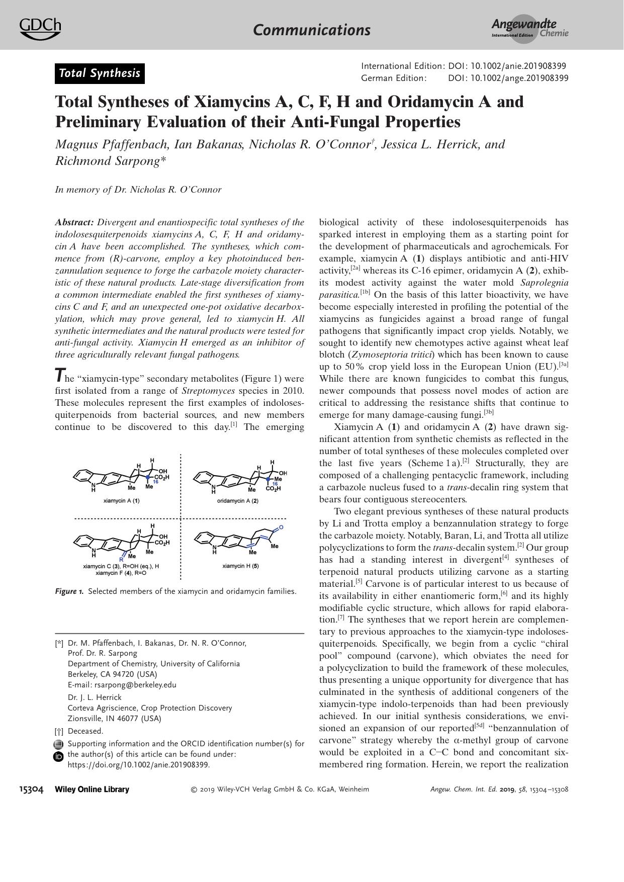 Total Syntheses of XiamycinsâA, C, F, H and OridamycinâA and Preliminary Evaluation of their AntiâFungal Properties by Unknown